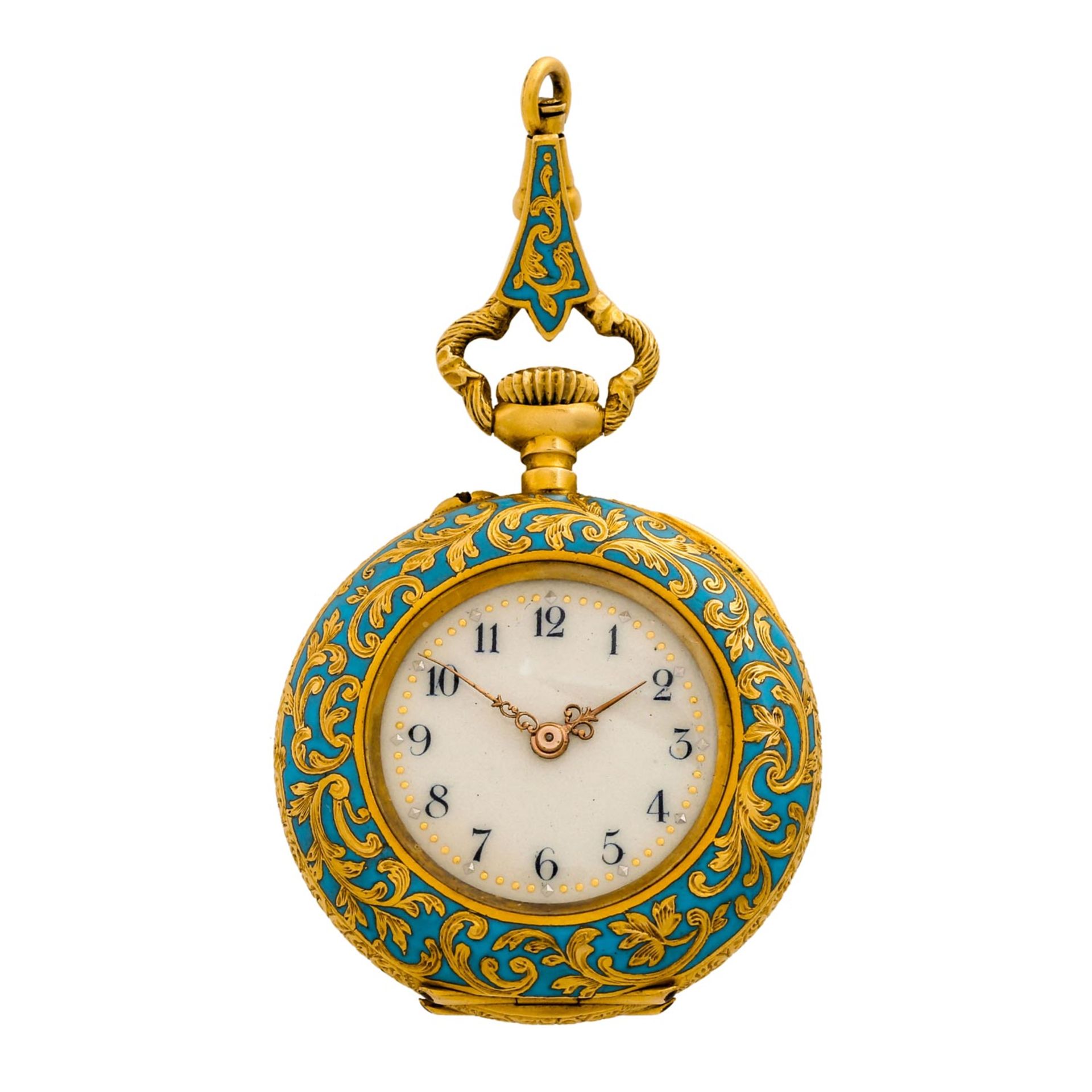 Damentaschenuhr mit blauer Email-Dekor.Gehäuse und Staubdeckel Gold 18K. Handaufzug-W