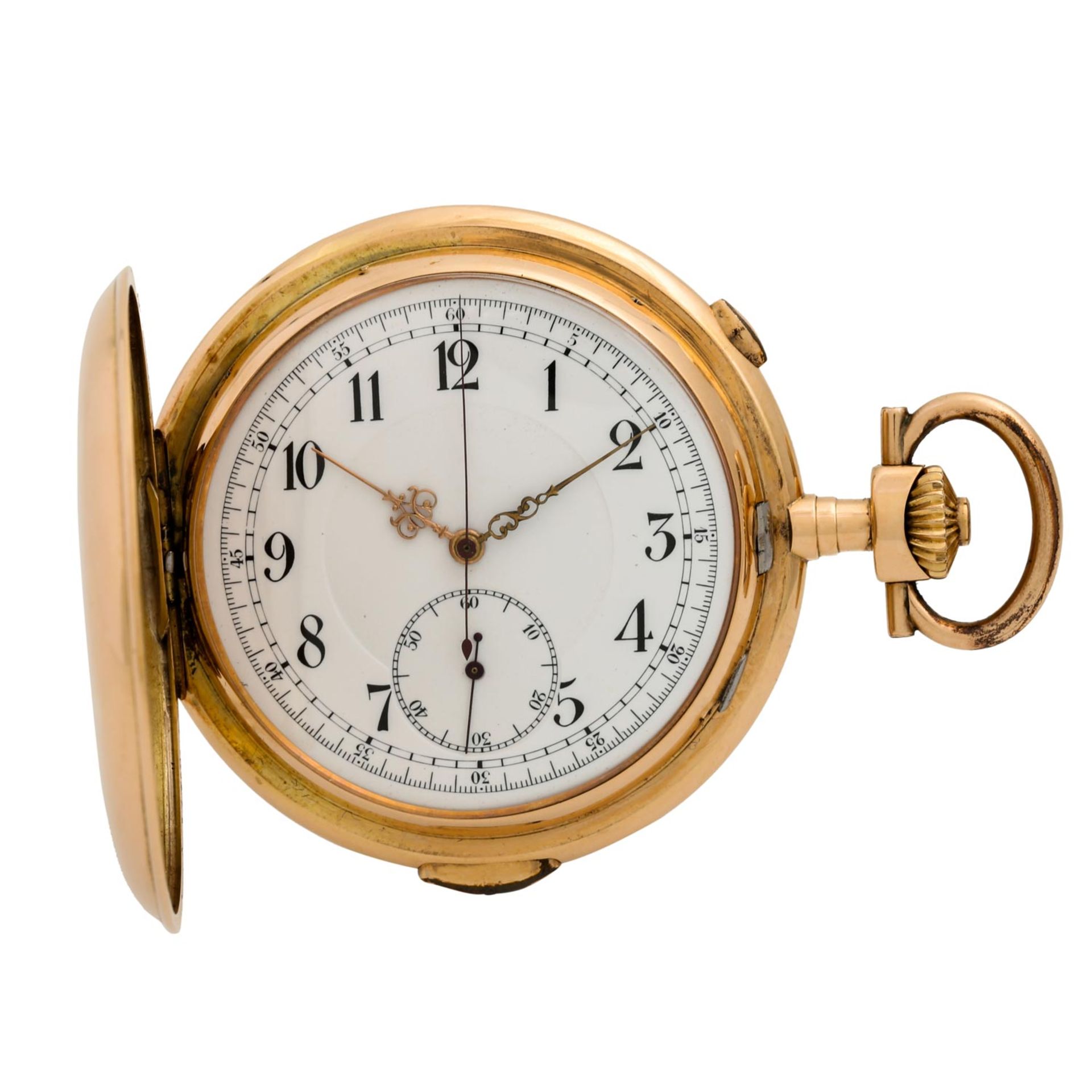 Taschenuhr mit Viertelstundenrepetition und Monopusher Chronograph.Gold 14K. Handaufzu