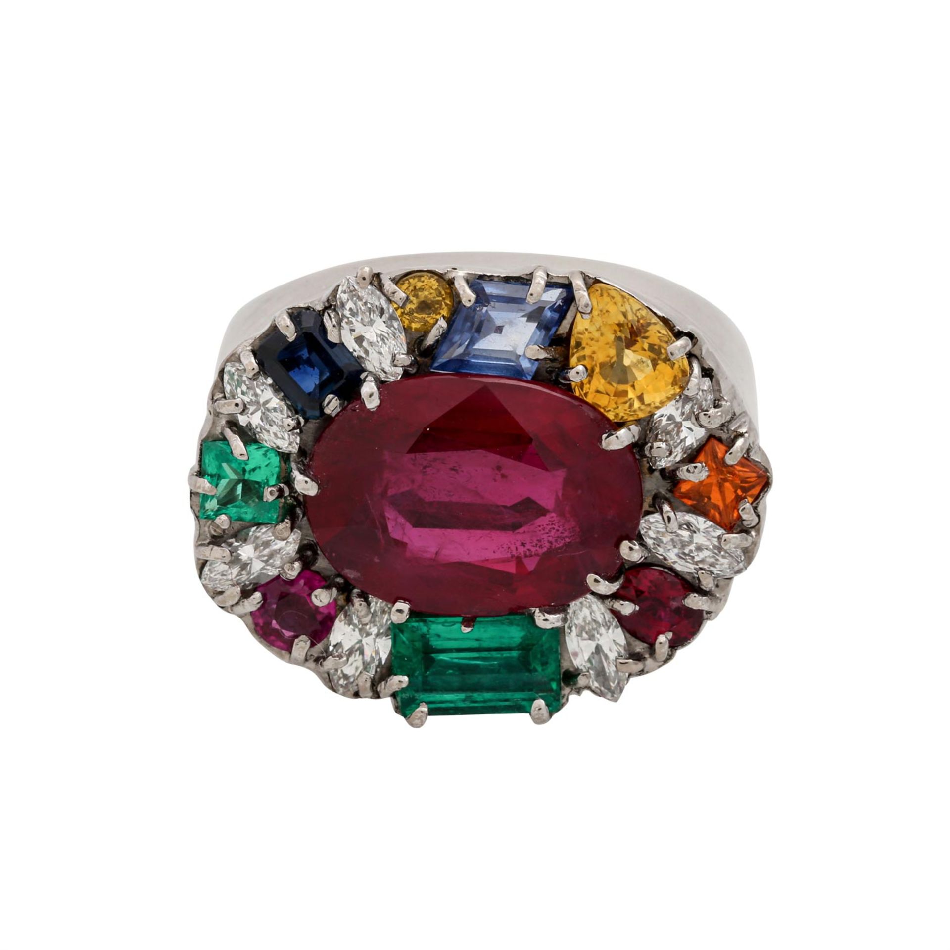 Unikat-Ring mit div. Farbsteinen und 7 Diamantnavettes,zus. ca. 0,8 ct um großen oval - Bild 2 aus 8