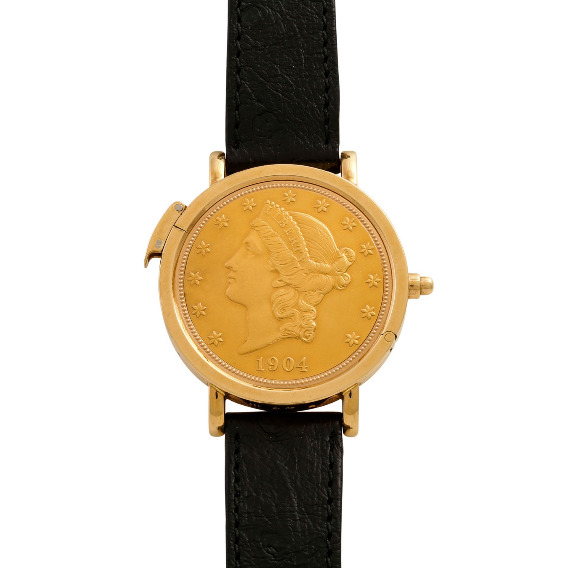 KURT SCHAFFO Münzuhr "Twenty Dollars".Gehäuse Gold 18K, Lünette des Uhrwerks mit Di