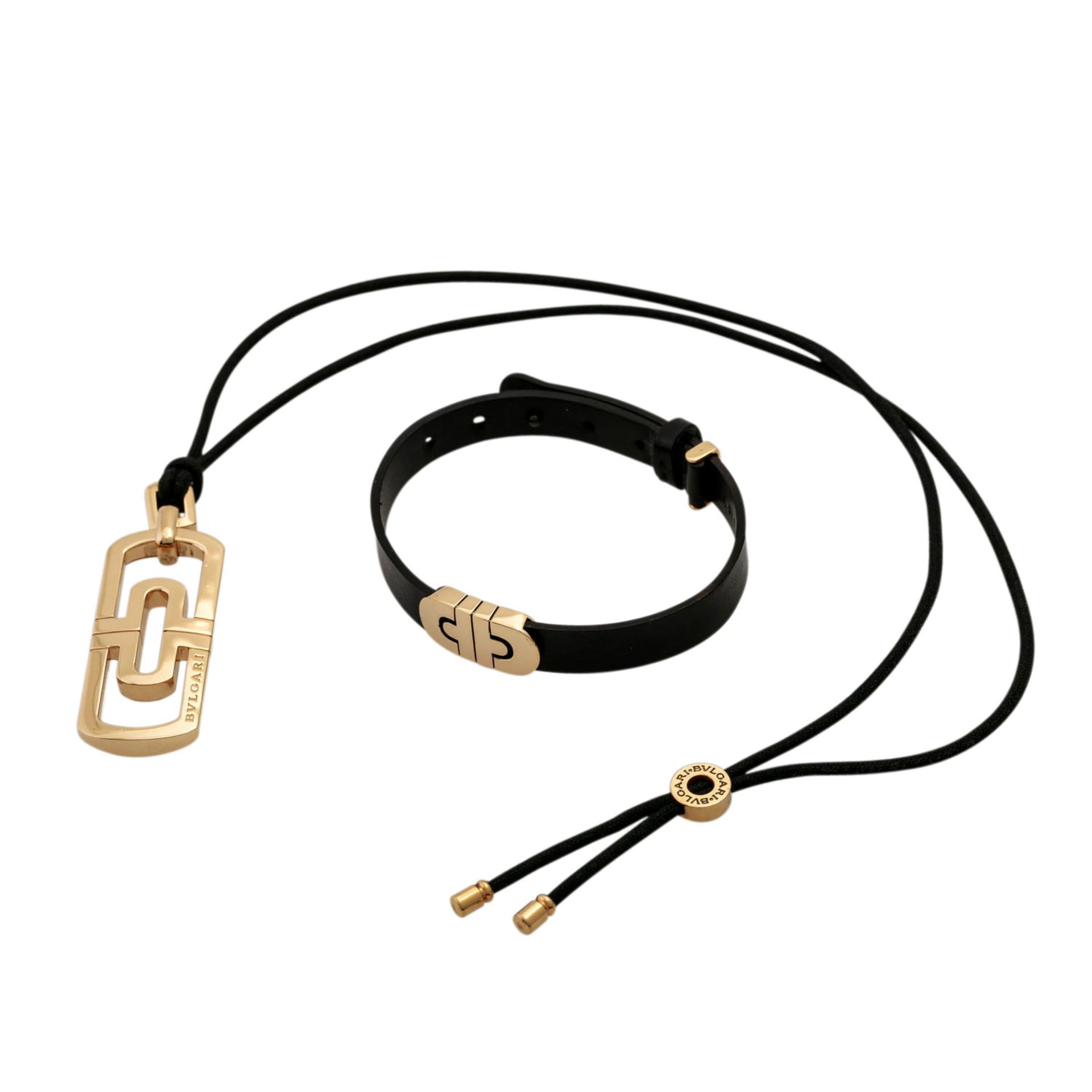 BULGARI Schmuckset "Parentesi",Collier mit Textilband, Armband Leder, Anhänger und Te