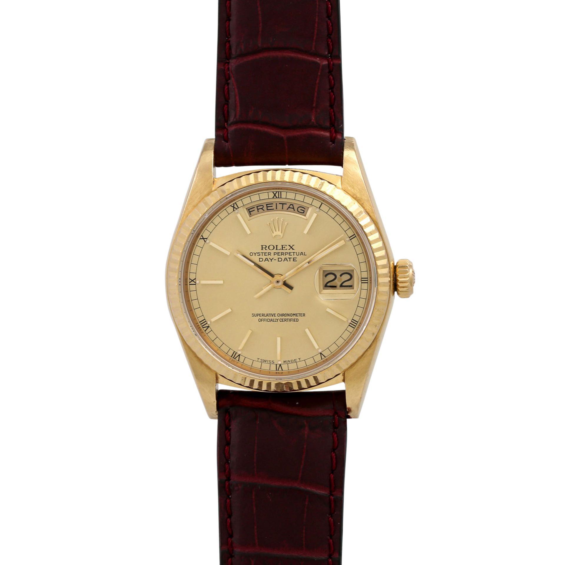 ROLEX Vintage DayDate, Ref. 18038. Armbanduhr.Gold 18K. Automatic-Werk. Lederband mit