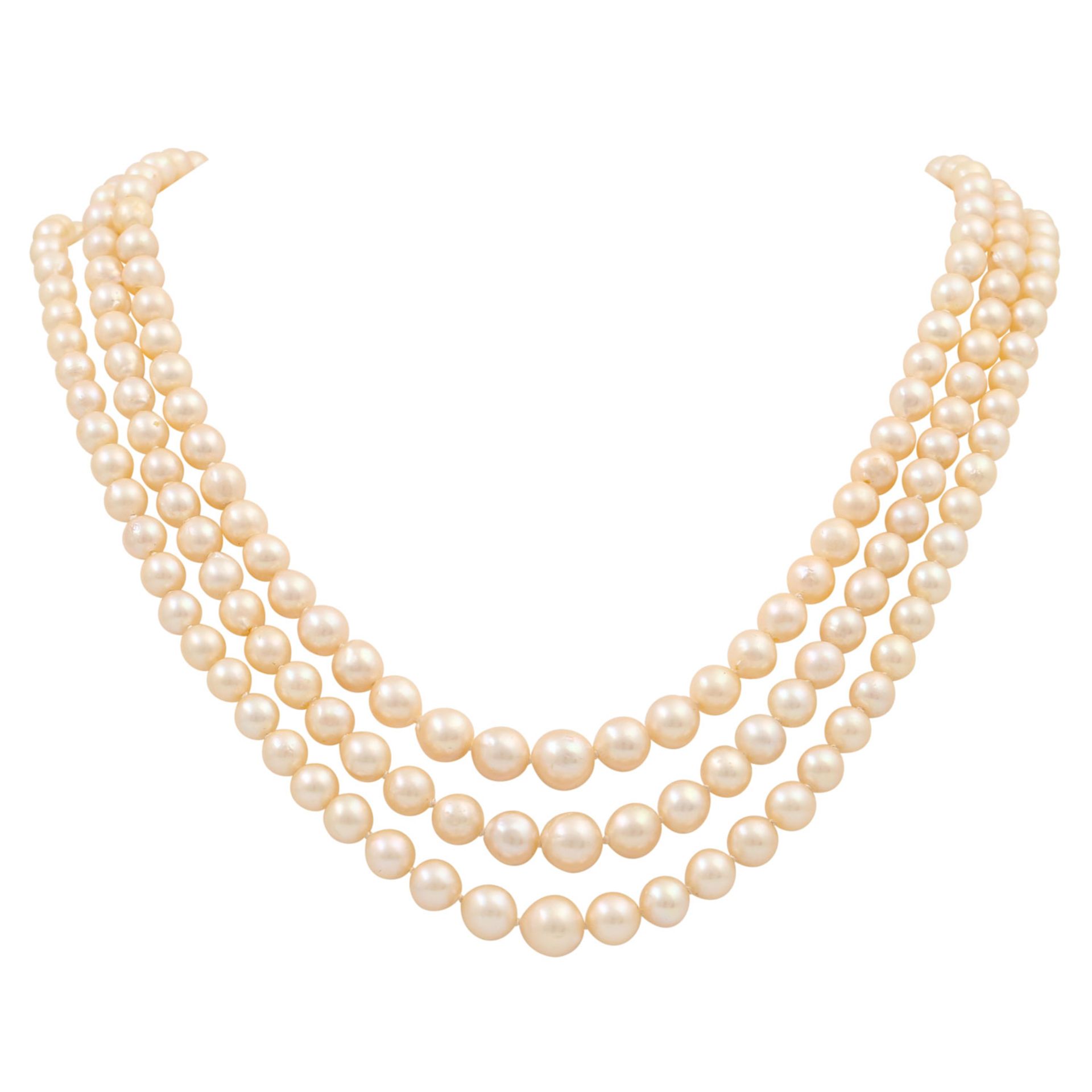 Akoya Perlenkette im Verlauf, 3- reihig, Zuchtperlen von ca. 5,5- 8,9 mm, leicht unrun
