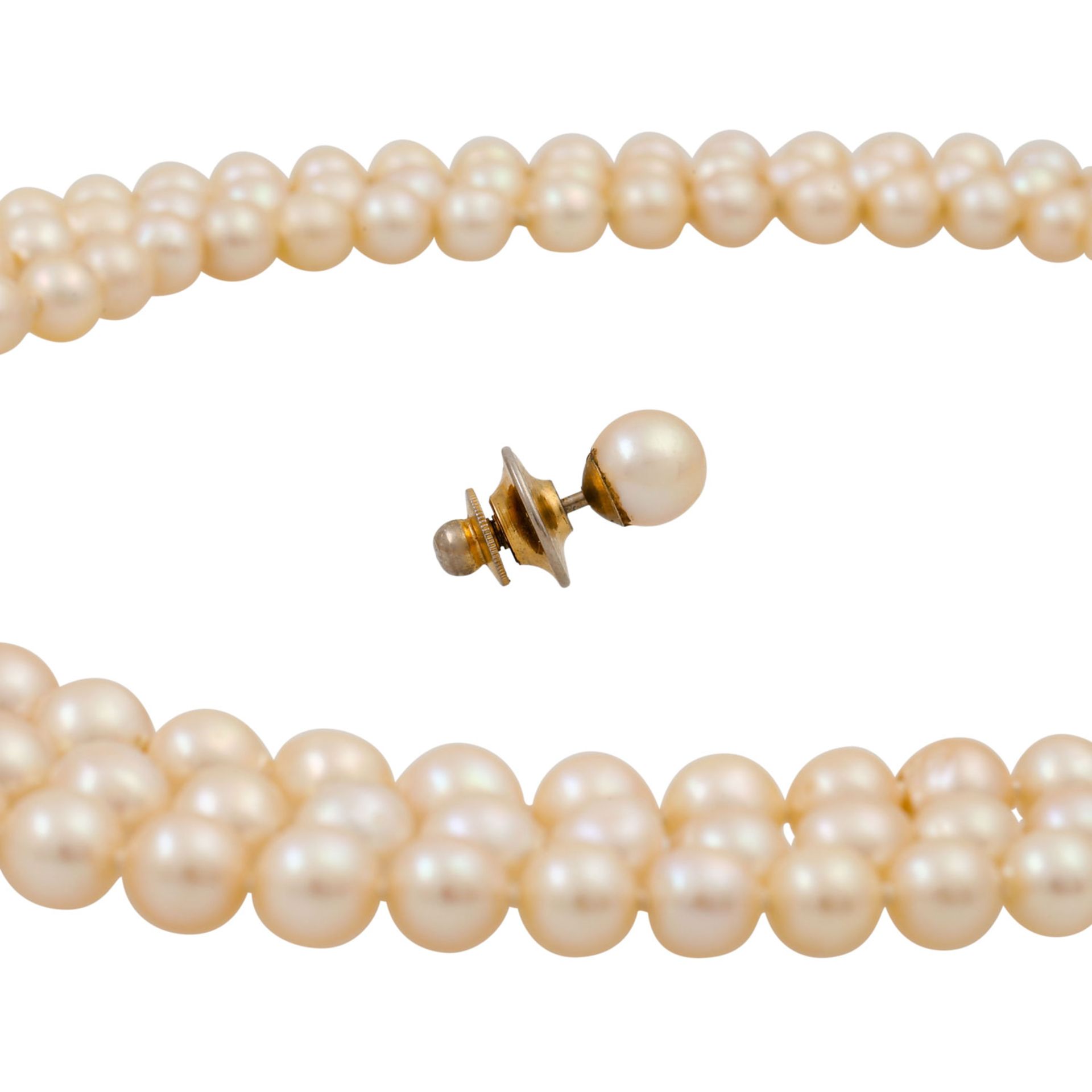 Akoya Perlenkette im Verlauf, 3- reihig, Zuchtperlen von ca. 5,5- 8,9 mm, leicht unrun - Bild 5 aus 5