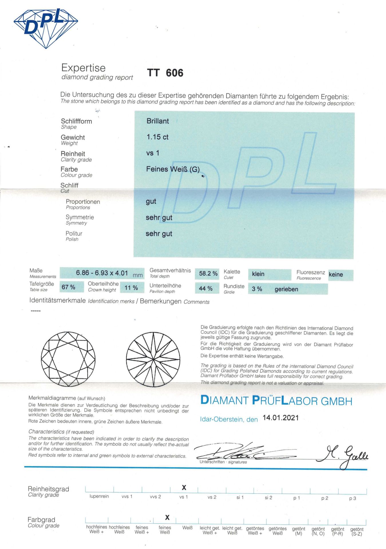 Loser Brillant von 1,15 ct, FW (G)/ VS1, keine Fluoreszenz, mit DPL Expertise (TT 606) - Bild 3 aus 3