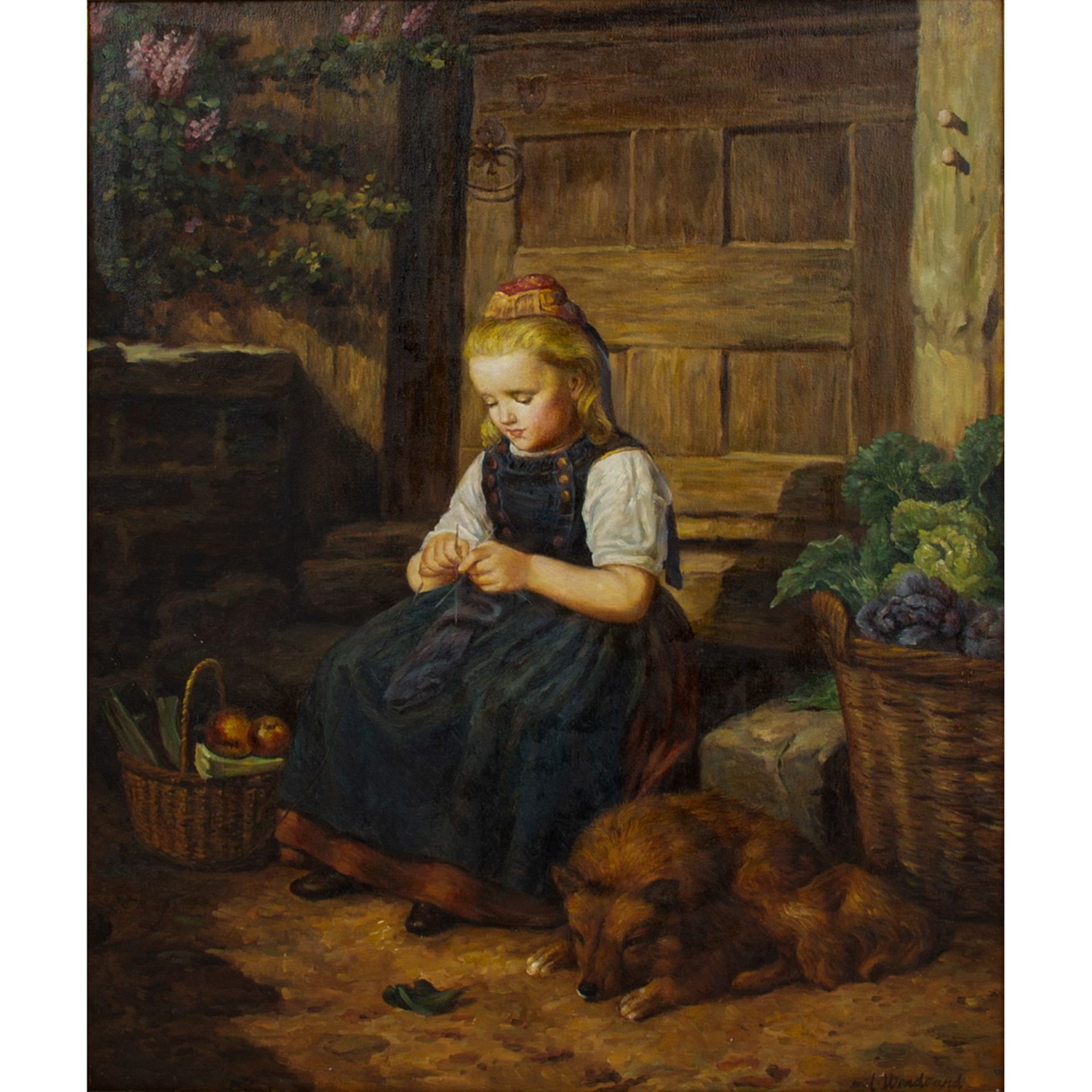 WENDLAND, L. (Genremaler 20. Jh.), "Mädchen in Tracht vor dem Haus sitzend bei der Handarbeit",