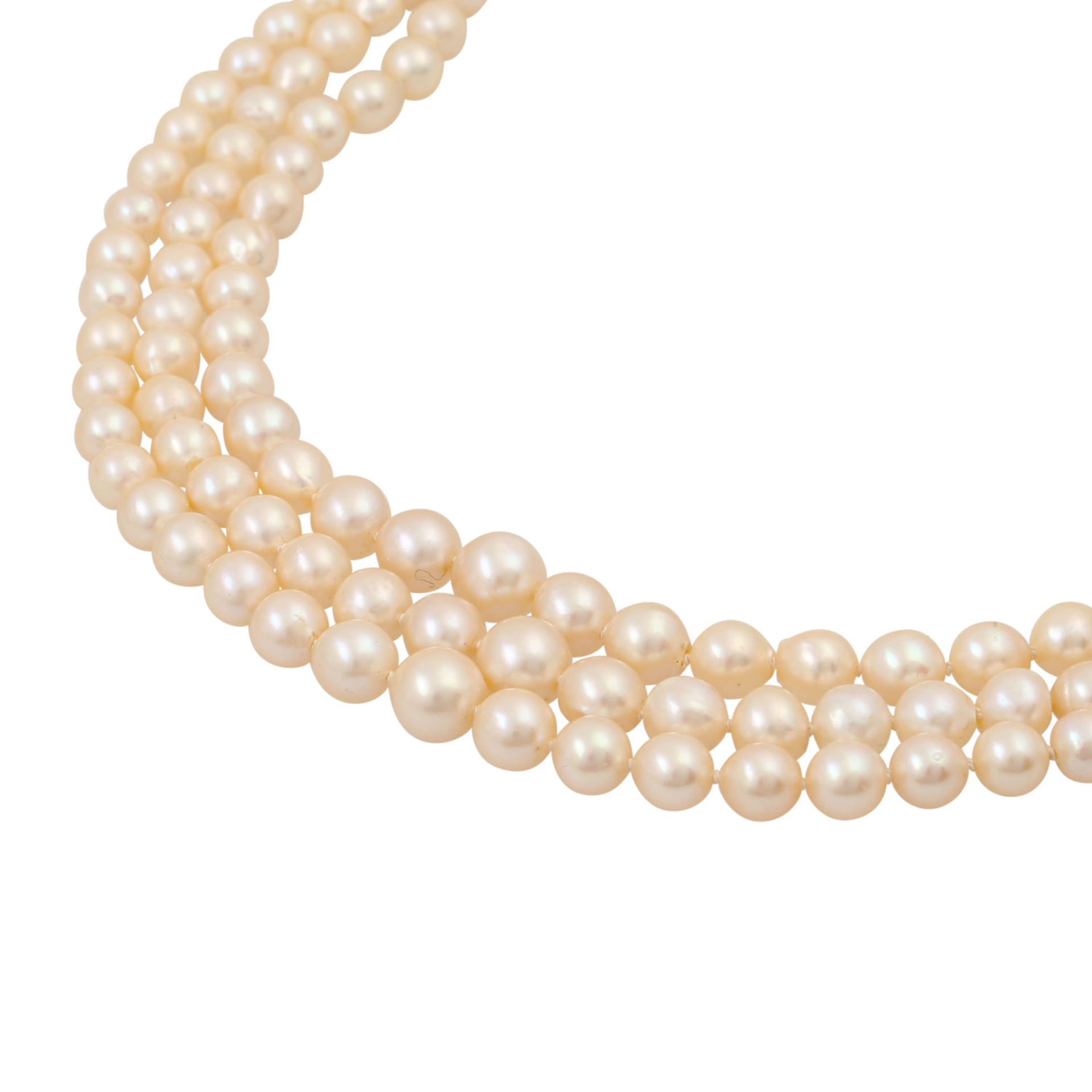 Akoya Perlenkette im Verlauf, 3- reihig, Zuchtperlen von ca. 5,5- 8,9 mm, leicht unrun - Bild 4 aus 5