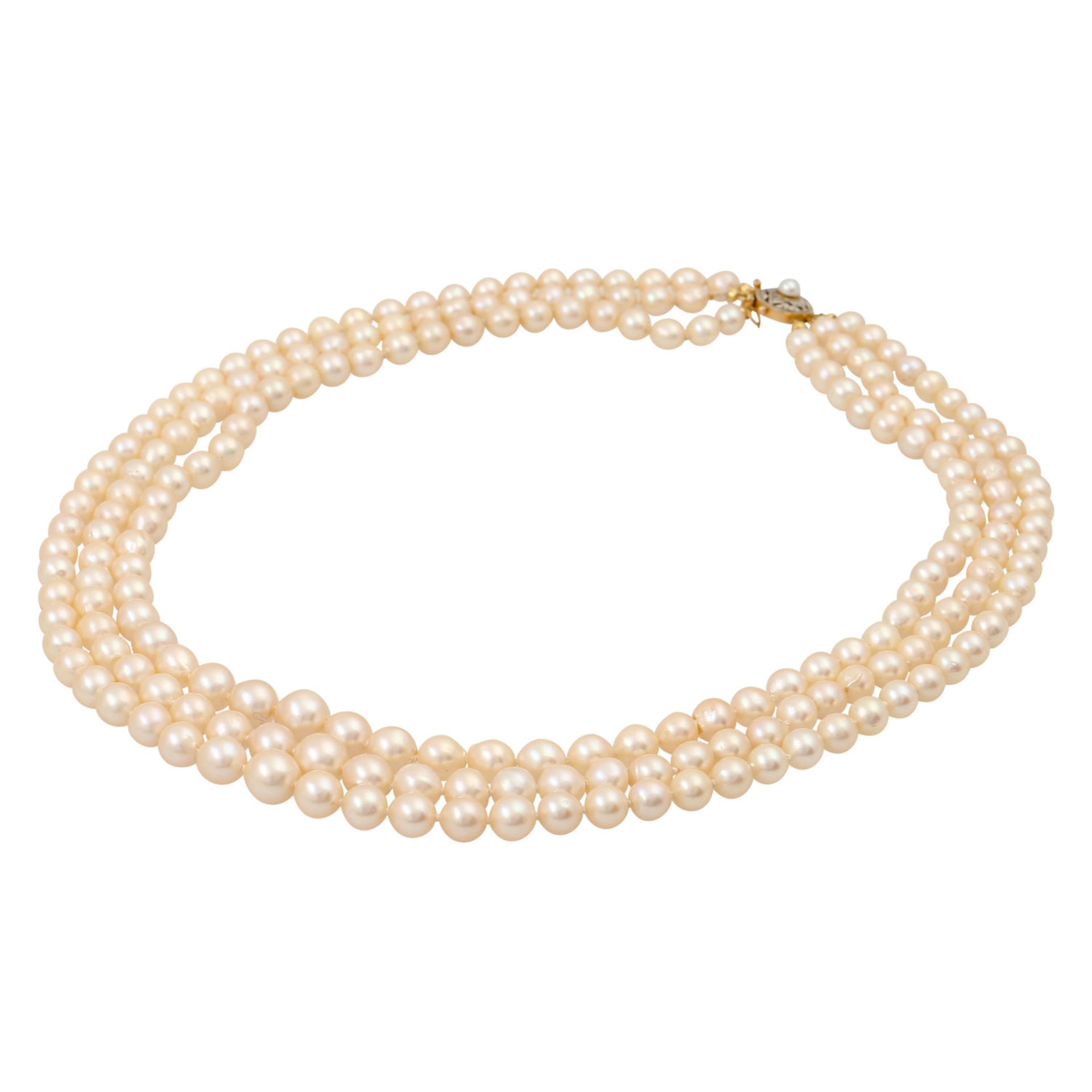 Akoya Perlenkette im Verlauf, 3- reihig, Zuchtperlen von ca. 5,5- 8,9 mm, leicht unrun - Bild 3 aus 5