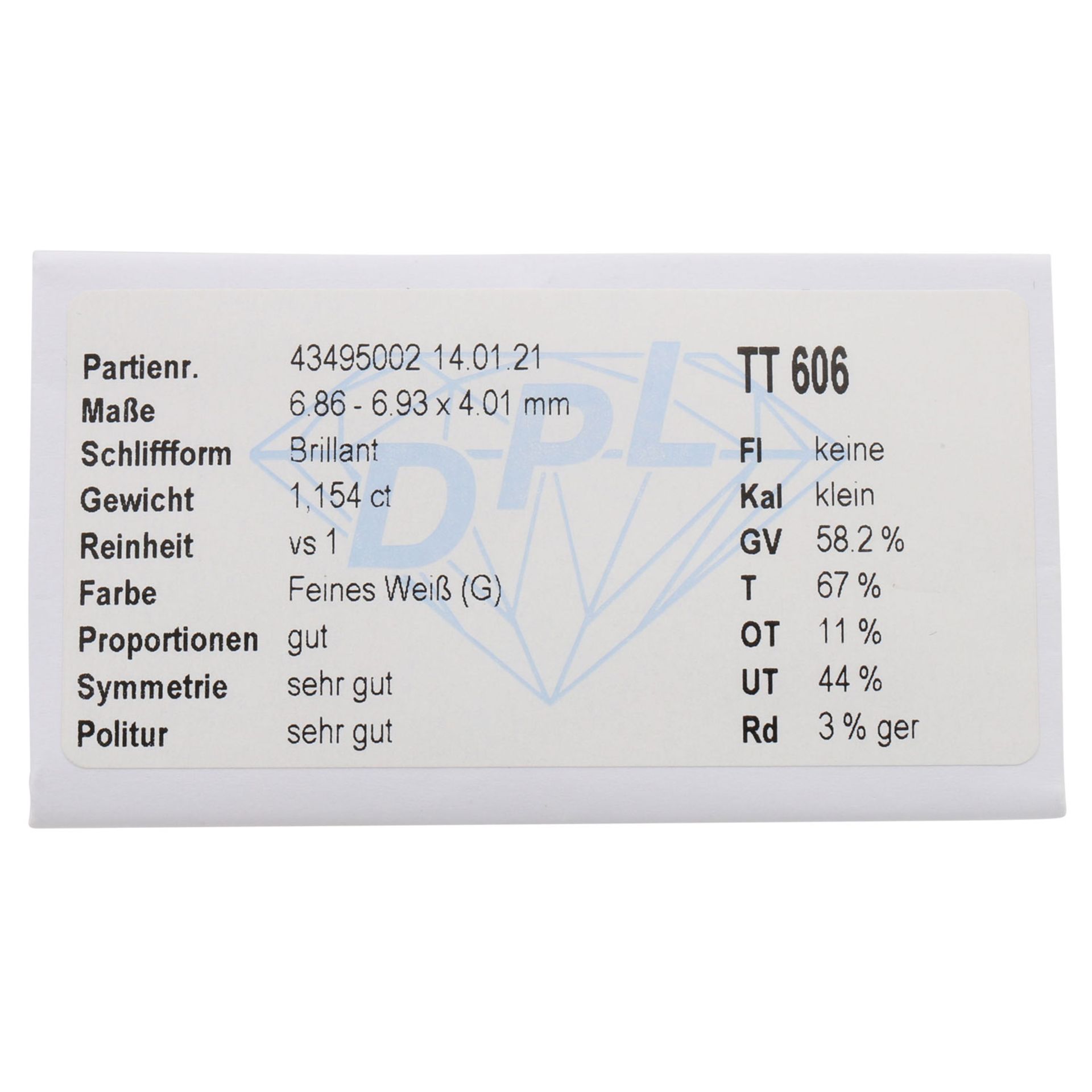 Loser Brillant von 1,15 ct, FW (G)/ VS1, keine Fluoreszenz, mit DPL Expertise (TT 606) - Image 2 of 3