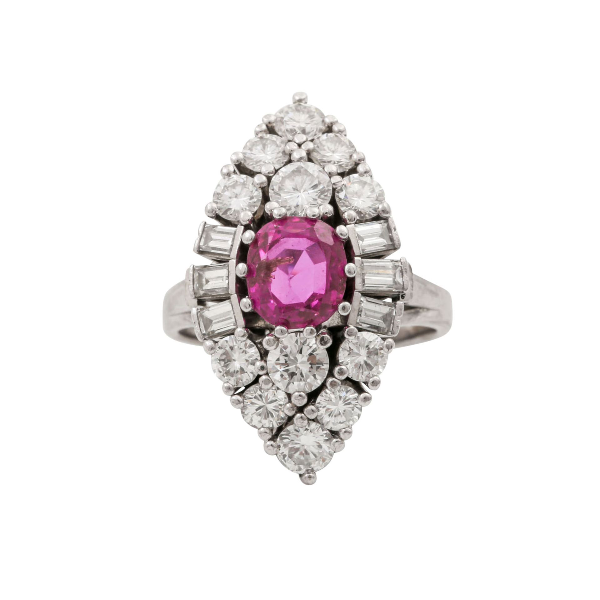 Ring mit pinkfarbenem Saphir ca. 2,5 ct, Brillanten zus. ca. 1,5 ct und Diamantbaguett - Bild 2 aus 5