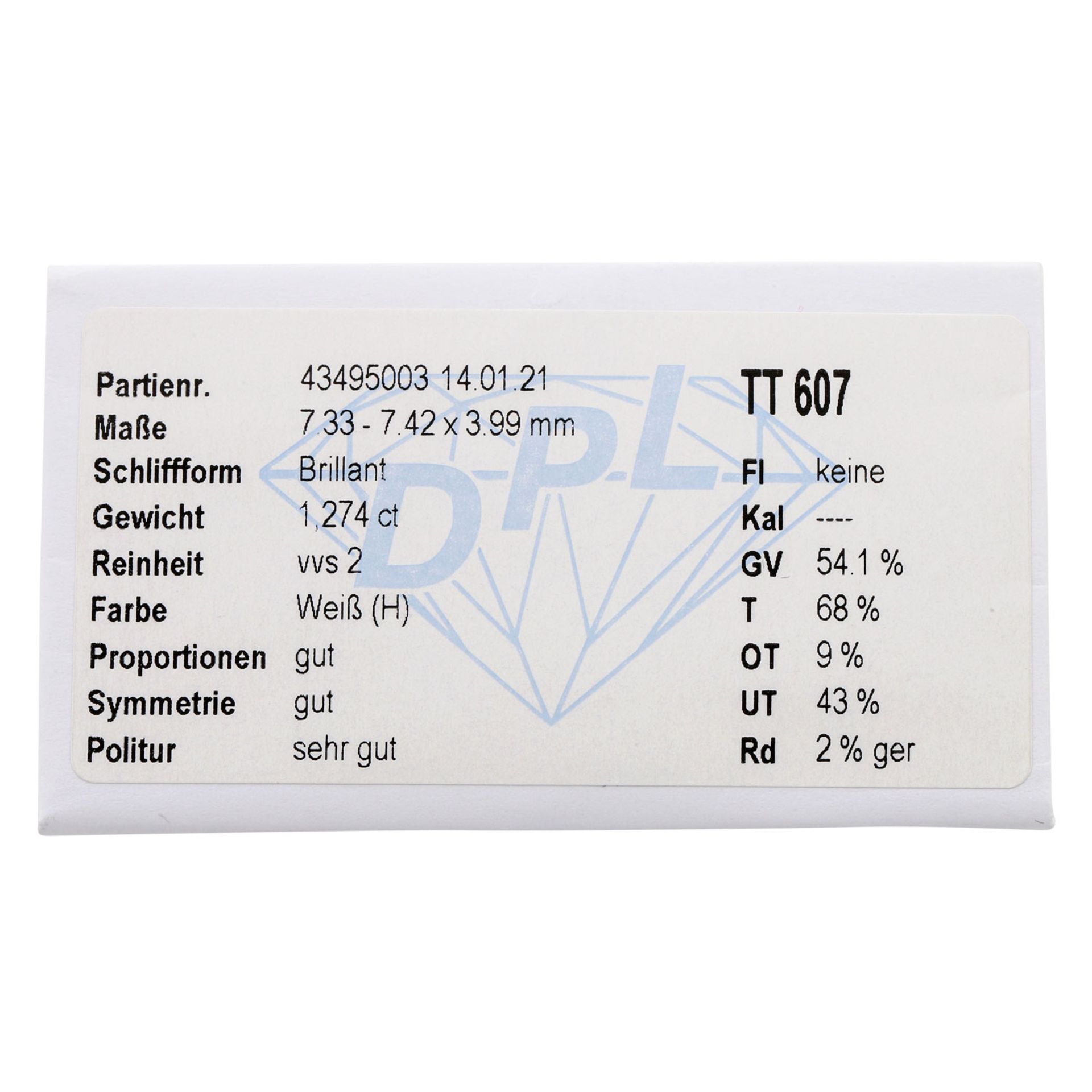 Loser Brillant von 1,27 ct, WEIß (H)/ VVS2, keine Fluoreszens, mit DPL Expertise (TT - Bild 2 aus 3