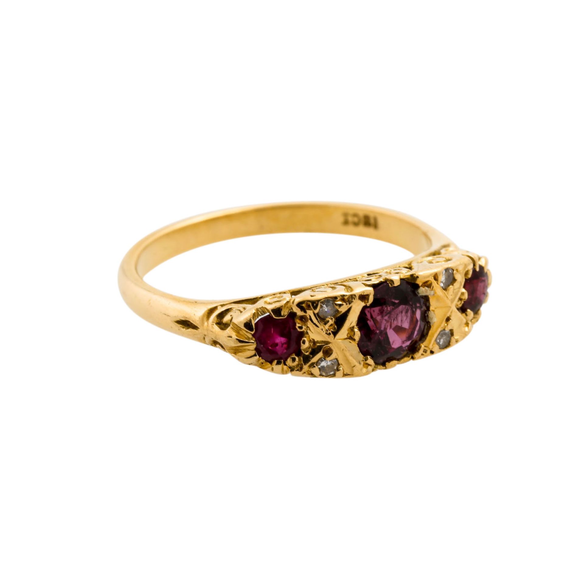 Ring mit 3 Rubinen und Diamanten, zus. ca. 0,04 ct, GG 18K, 4 g, RW: 54, 2. H. 20. Jh.