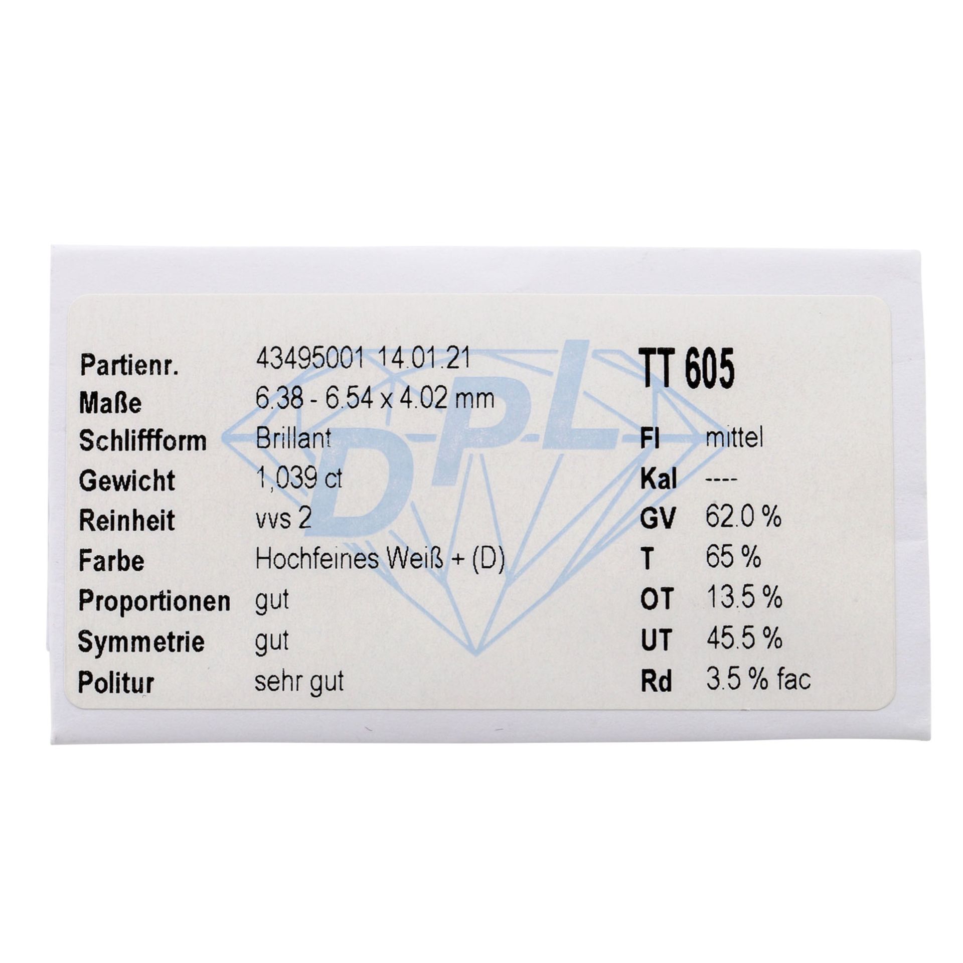 Loser Brillant von 1,04 ct, HFW+ (D)/ VVS2, mittlere Fluoreszenz, mit DPL Expertise (T - Image 2 of 3