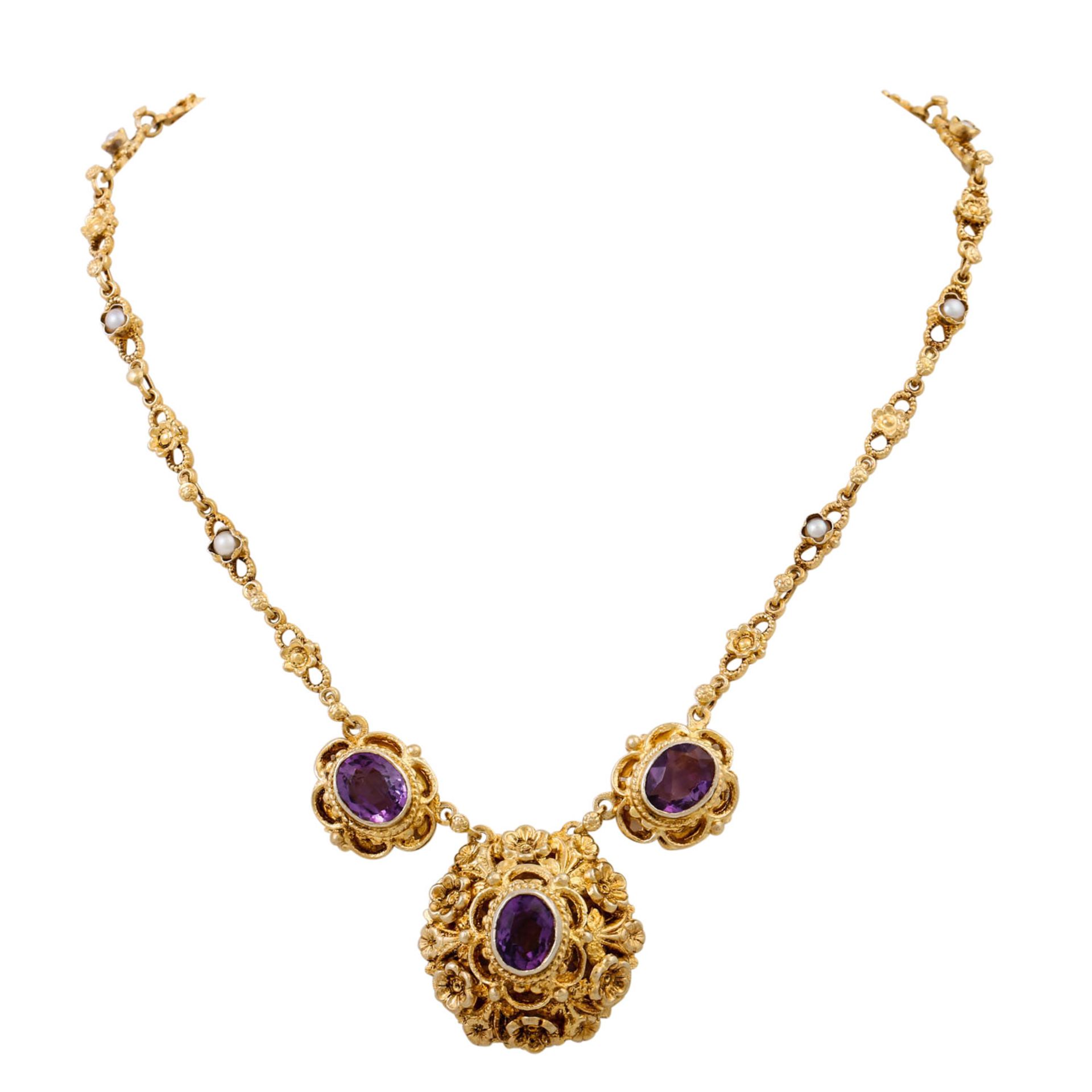 Konvolut 4-teilig mit Amethysten und Halbperlen, Silber vergoldet, Parure aus Collier, - Image 2 of 8