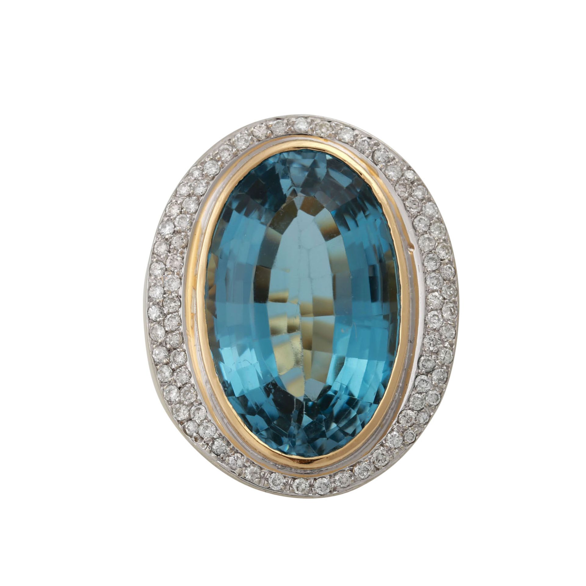 Massiver Ring mit Blautopas ca. 30 ct und Brillanten zus. ca. 0,75 ct, mittlere Farbe