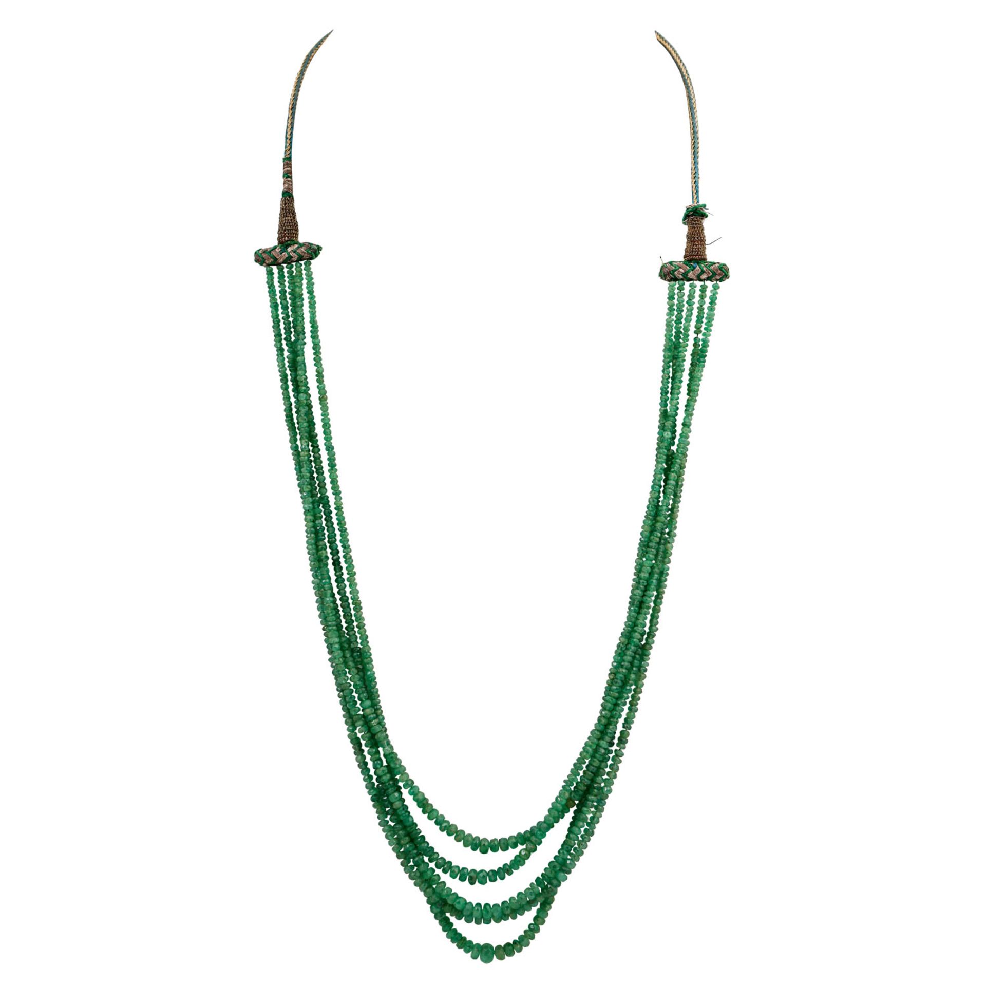 5-reihige Smaragdkette, facettierte Linsen ca. 2,5-6 mm im Verlauf, tansparent bis tra