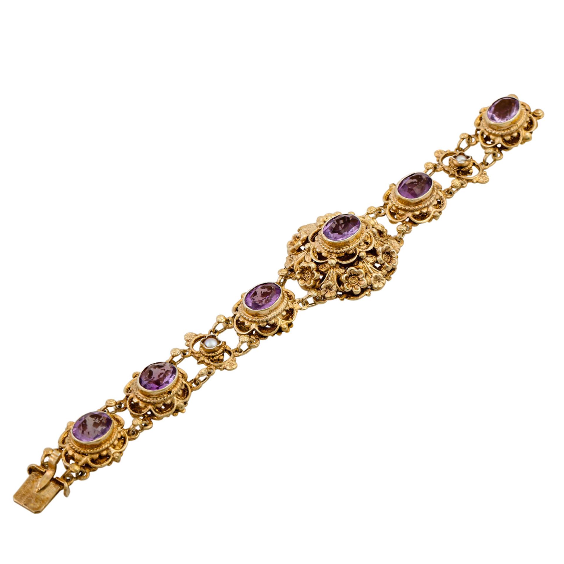 Konvolut 4-teilig mit Amethysten und Halbperlen, Silber vergoldet, Parure aus Collier, - Image 4 of 8