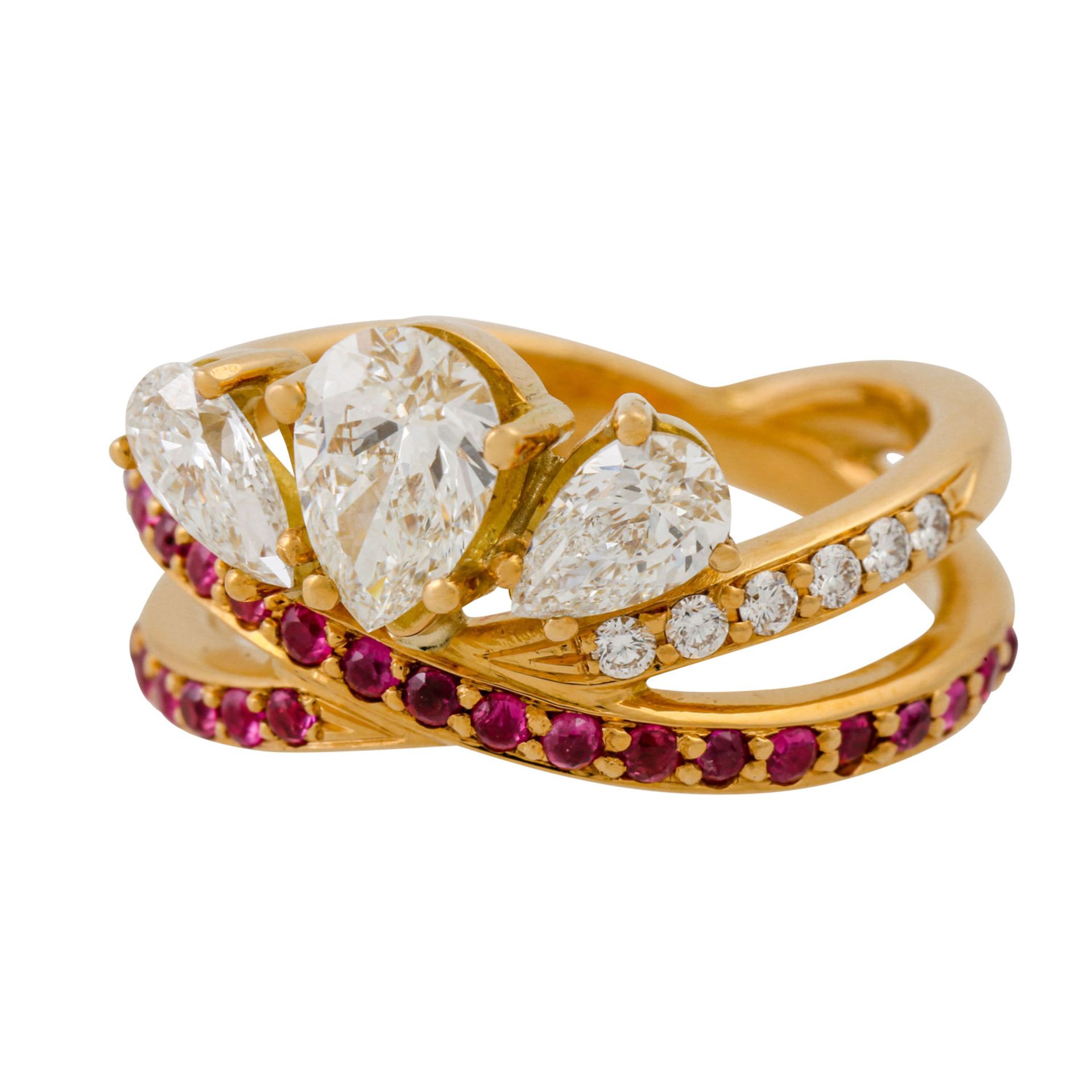 Handgefertigter Ring mit Rubinen und Diamanten im Brillant- und Tropfenschliff, zus. c - Image 5 of 6