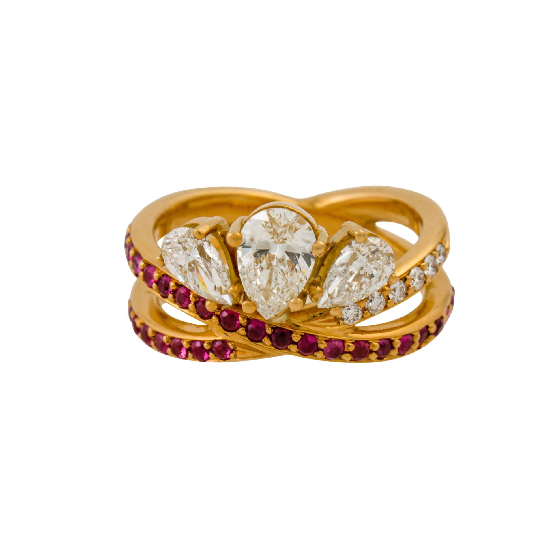 Handgefertigter Ring mit Rubinen und Diamanten im Brillant- und Tropfenschliff, zus. c - Image 2 of 6