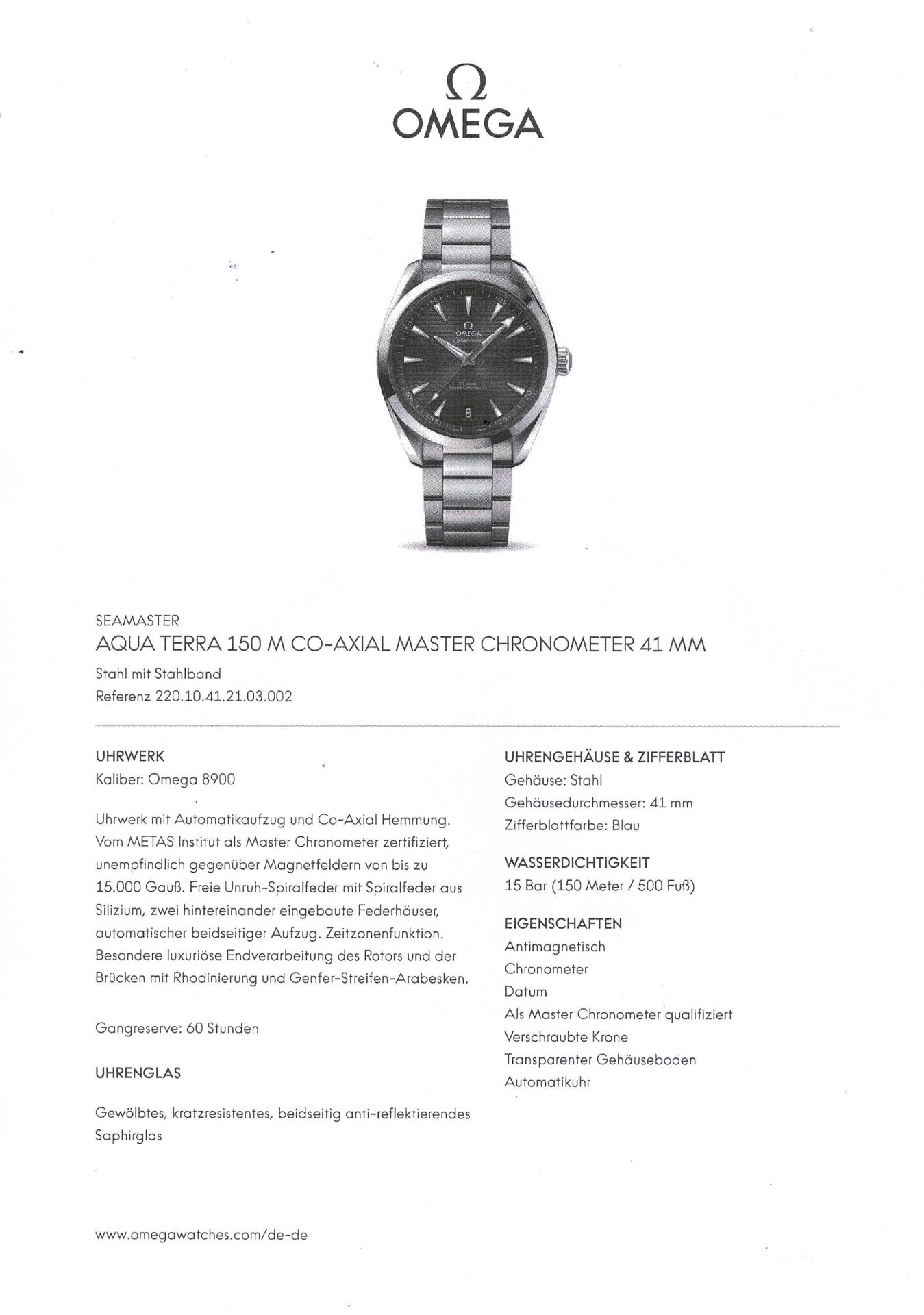 OMEGA Seamaster "Aqua Terra 150M Co-Axial Master Chronometer", Ref. 2201041210002. Herrenuhr. Aktuel - Bild 9 aus 9