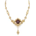 Biedermeier Collier mit Granatrosen und Saatperlen