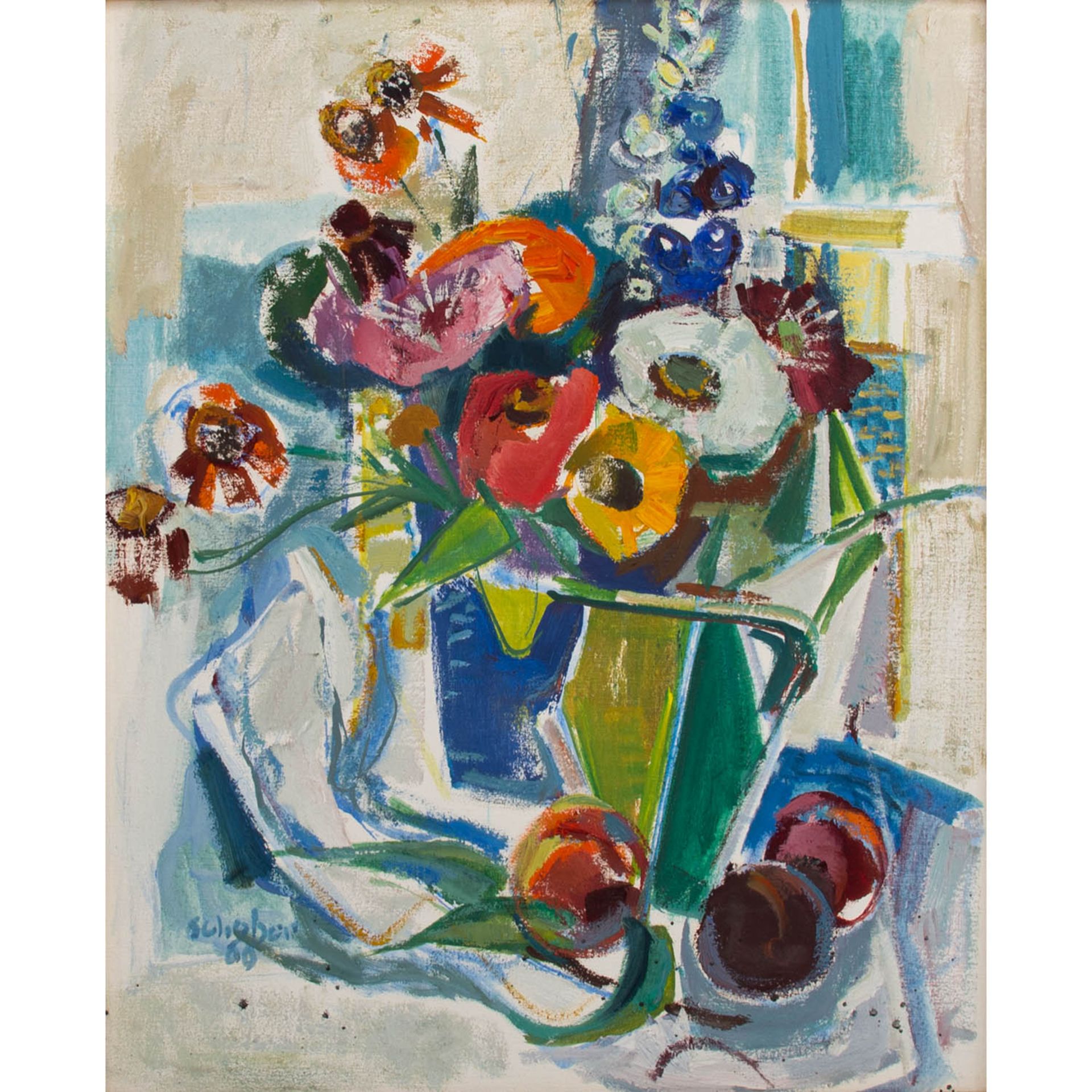 SCHOBER, PETER JAKOB (1897-1983), "Stillleben mit Sommerblumen und Früchten vor dem Fenster",