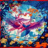 HERMÈS Foulard "FLAMINGO",by Laurence Bourthoumieux. 70 % Kaschmir, 30 % Seide. Akt.