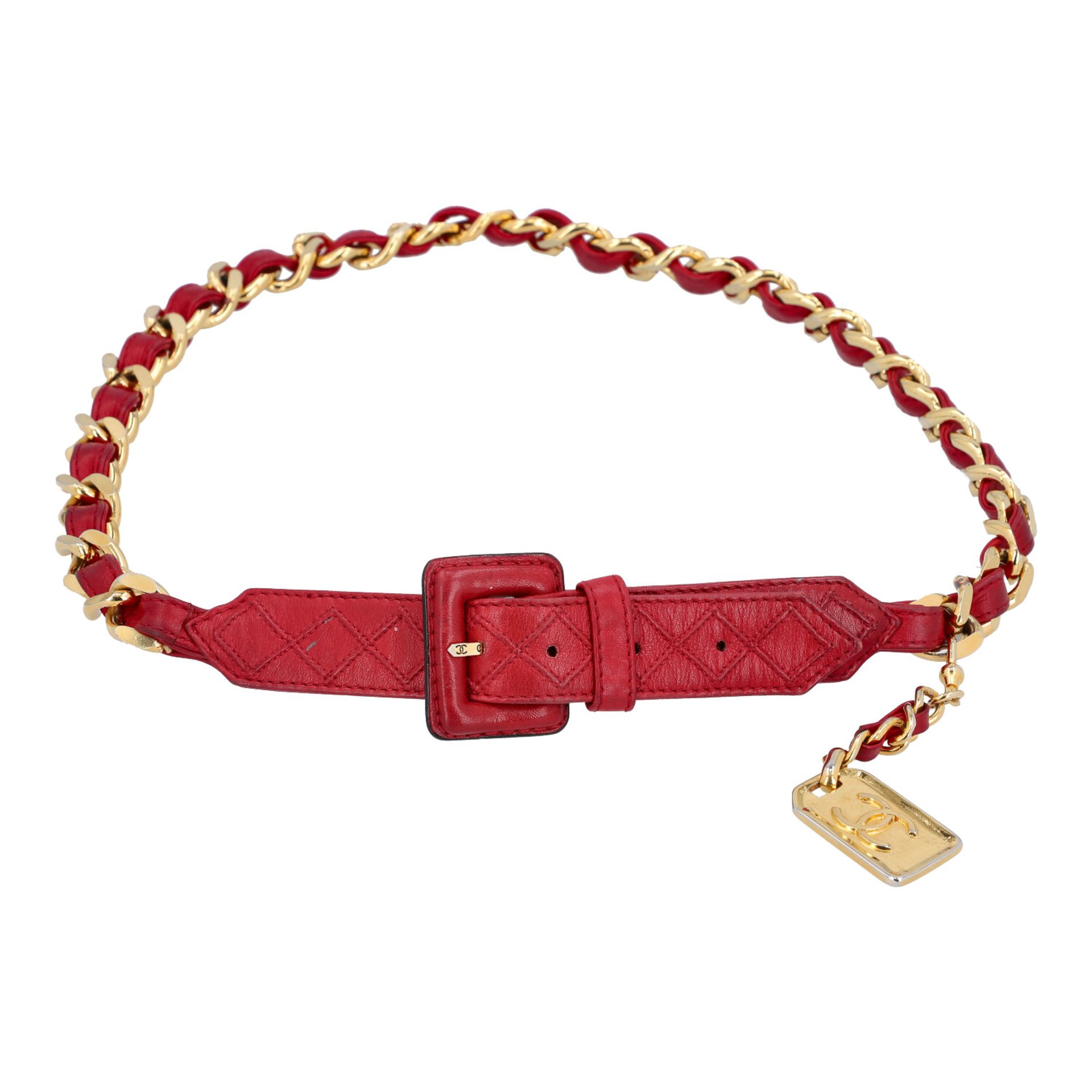 CHANEL VINTAGE Gürtel, Länge 80cm.Goldfarbener Gliederkettengürtel mit rotem Leder - Bild 2 aus 3