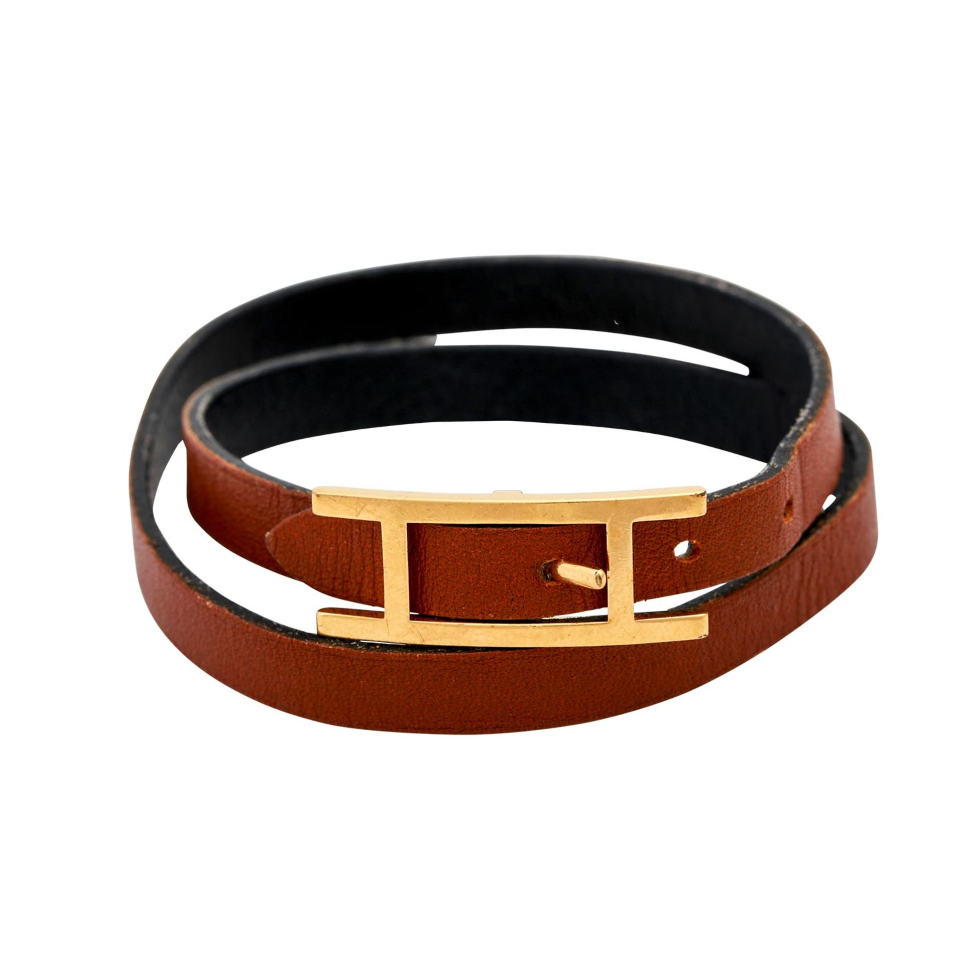 HERMÈS Wickelarmband "BEHAPI DOUBLE TOUR". Noir/fauve, vergoldetete Schließe, NP 295€. Tragespuren