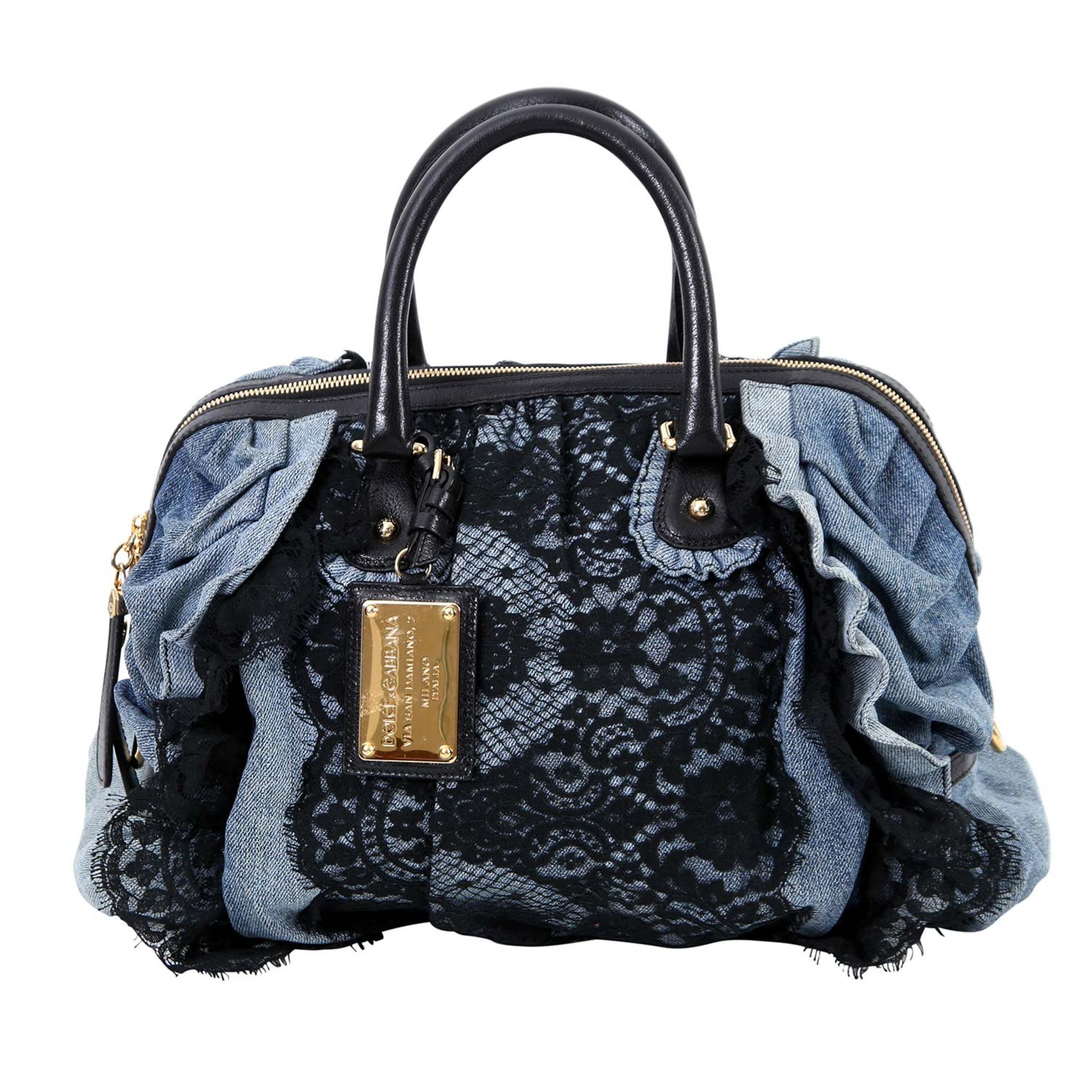 DOLCE & GABBANA Henkeltasche.Materialmix aus Denim, Spitze und Leder, goldfarbene Hard