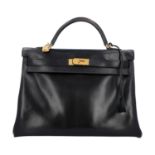 HERMÈS Henkeltasche "KELLY BAG 40", Koll.: 2011.Boxcalf-Leder in Schwarz mit vergolde