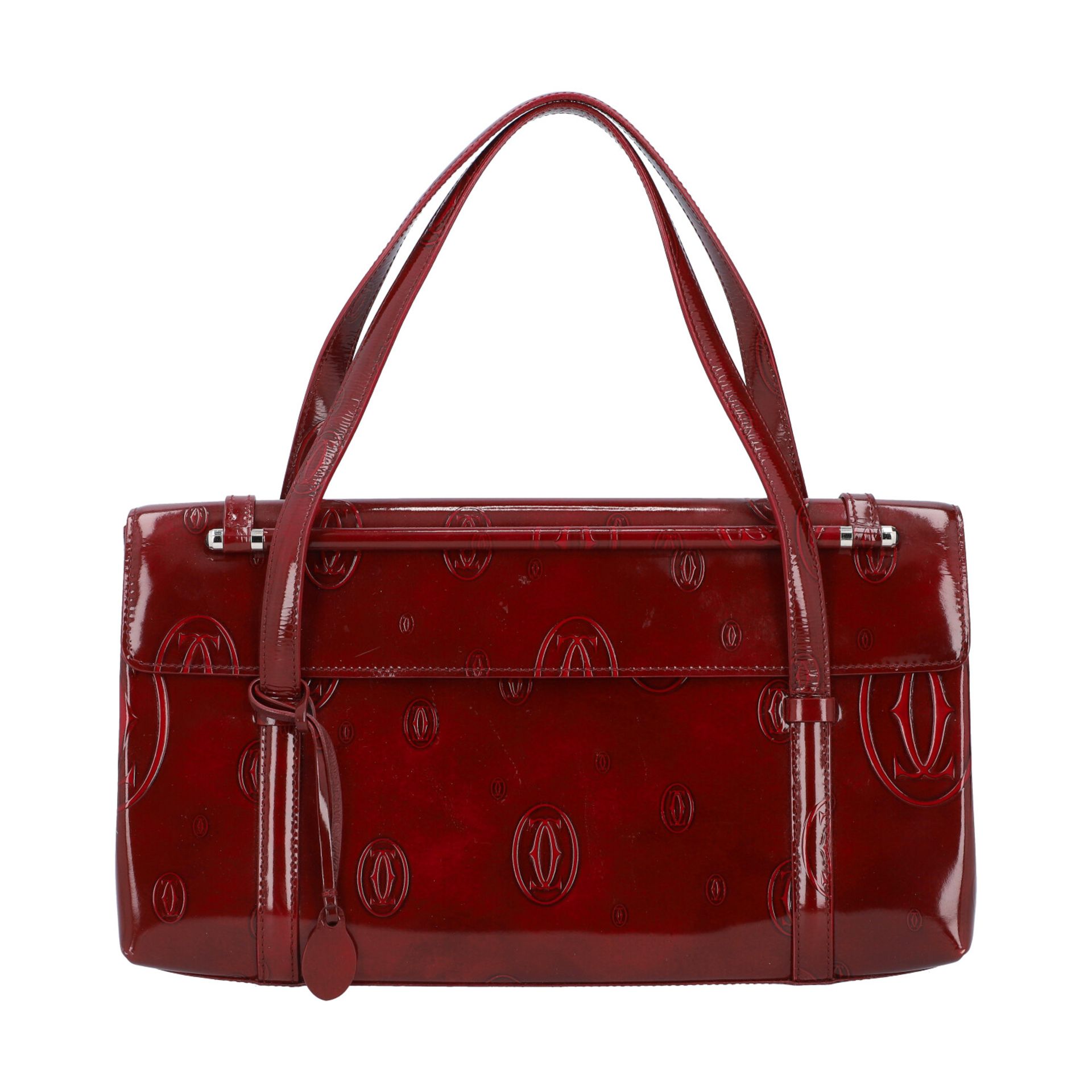 CARTIER VINTAGE Handtasche. Lackleder in Bordeaux mit Logomuster, Doppelhenkel, magnet