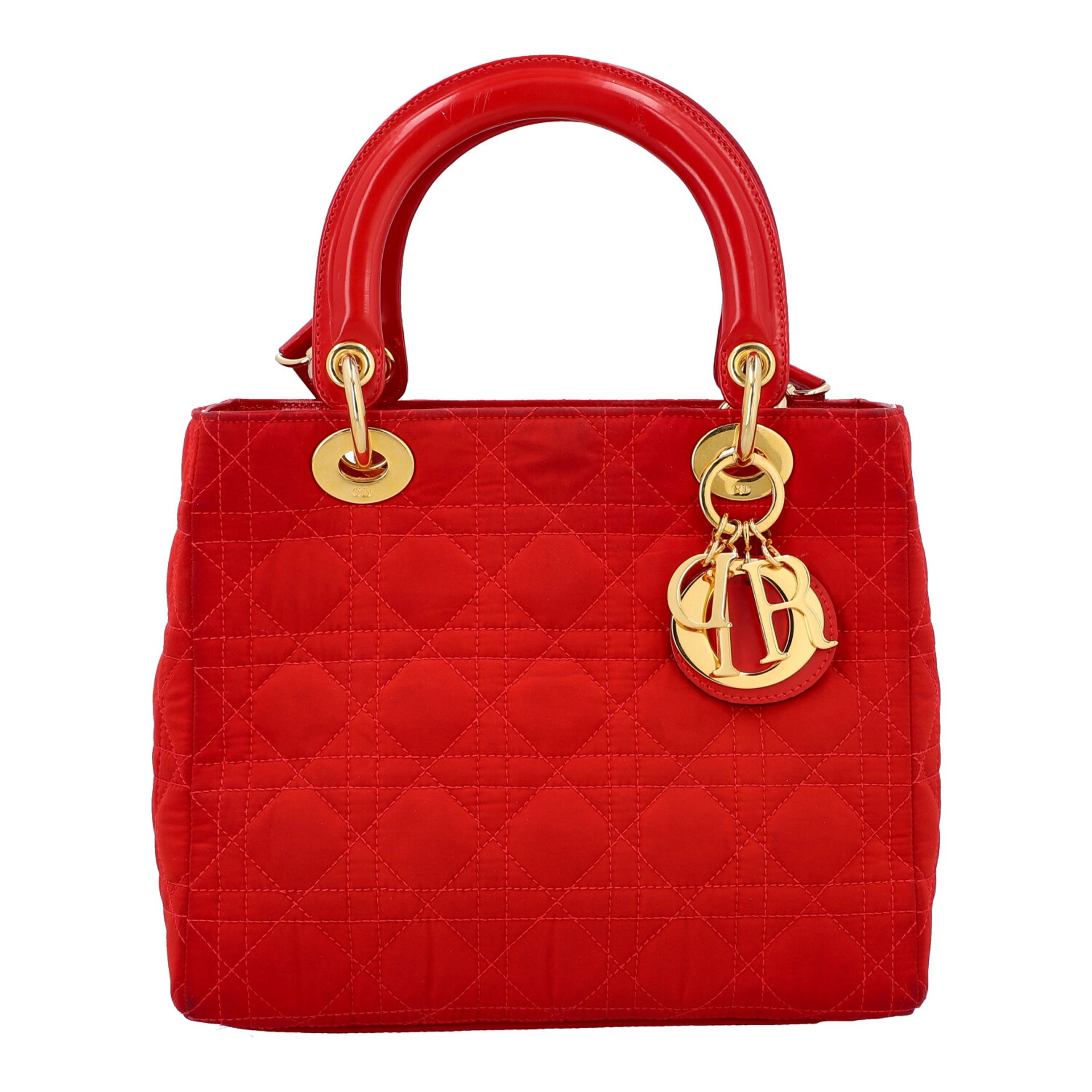 CHRISTIAN DIOR Henkeltasche "LADY DIOR", Koll.: 1997. Textil in Rot mit Cannage Steppu