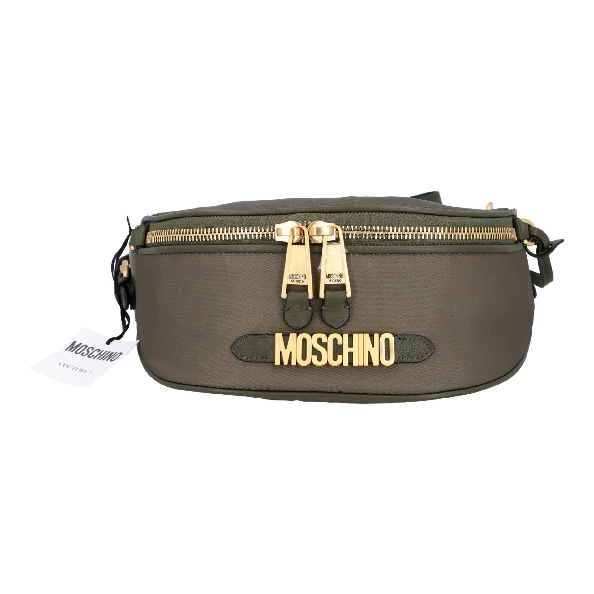 MOSCHINO Bauchtasche, Modell aus Nylon in Olive mit Leder-Applikationen und goldfarben