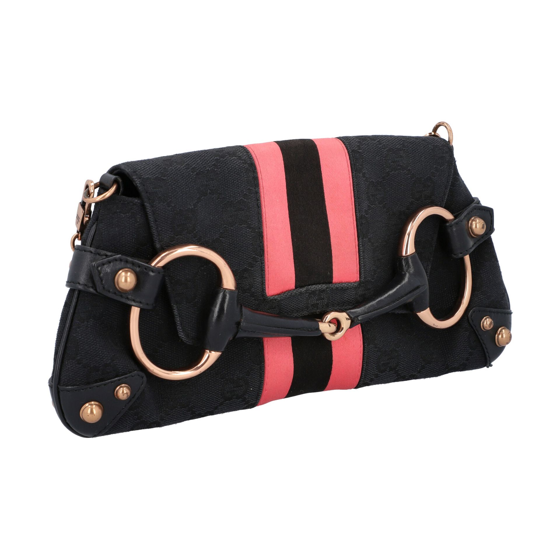 GUCCI Pochette. Guccissima Webmuster in Schwarz mit rosafarbenen Streifen und roségol - Bild 2 aus 8