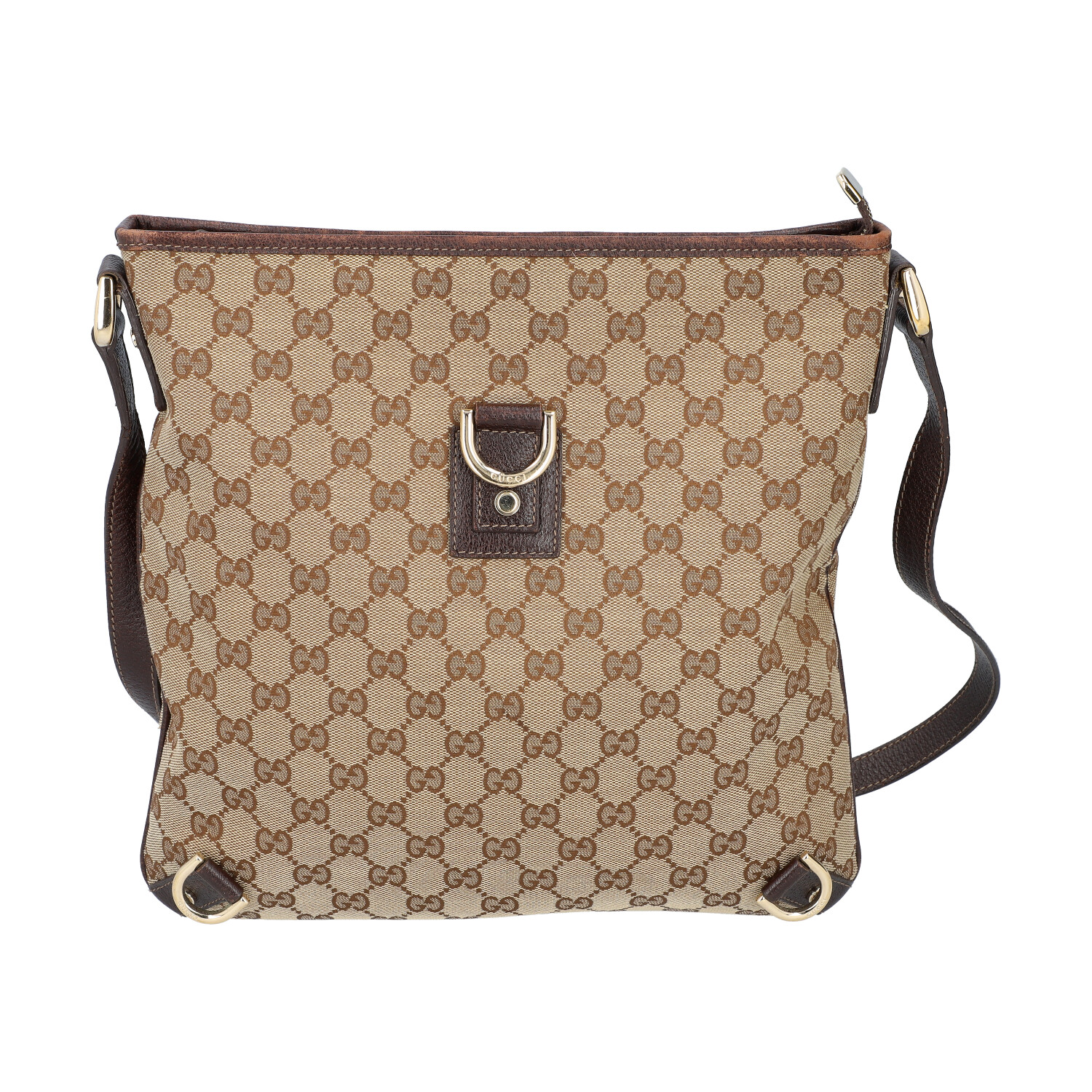 GUCCI Handtasche. Guccissima Design auf Textil in Beige und Braun, braunfarbene Leder-