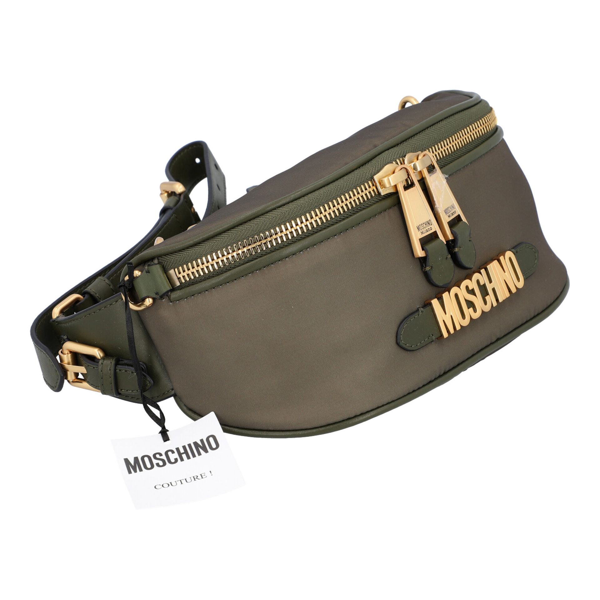 MOSCHINO Bauchtasche, Modell aus Nylon in Olive mit Leder-Applikationen und goldfarben - Bild 2 aus 4