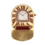 CARTIER VINTAGE Reisewecker. Gehäuse Messing Gelbgold vergoldet mit rotem Lack Decor,