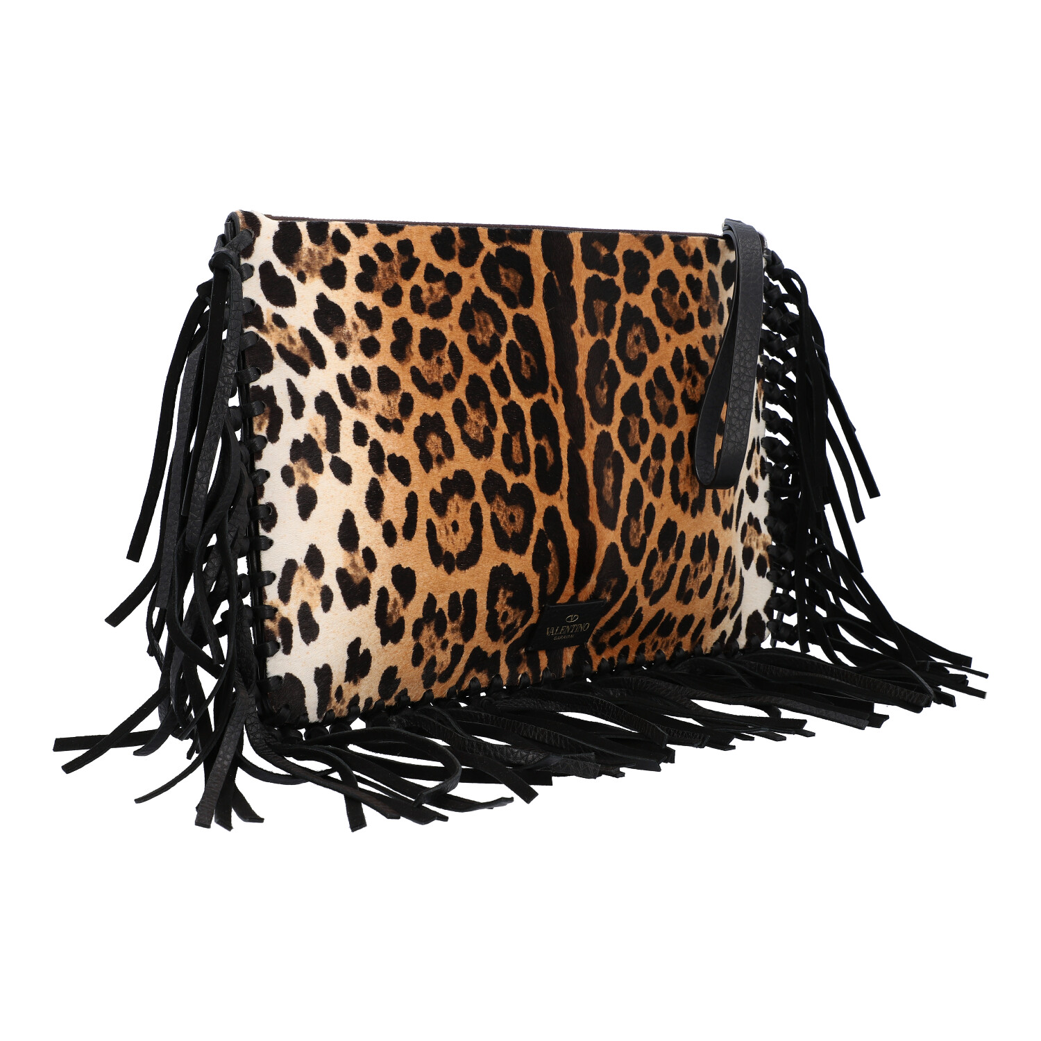 VALENTINO Clutch. Fell im Leoparden-Design mit Fransendetail an den Kanten aus schwarz - Image 2 of 8