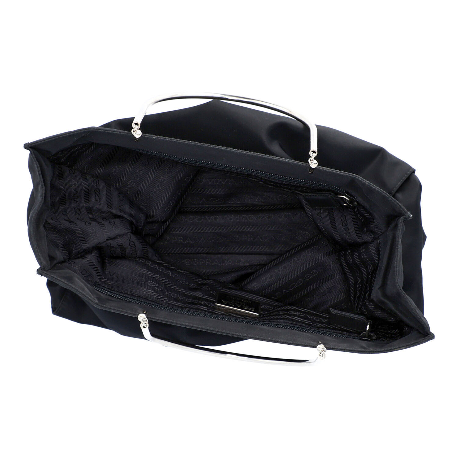 PRADA Henkeltasche. Modell aus schwarzem Nylon mit silberfarbenen Doppelhenkln aus Met - Image 6 of 7