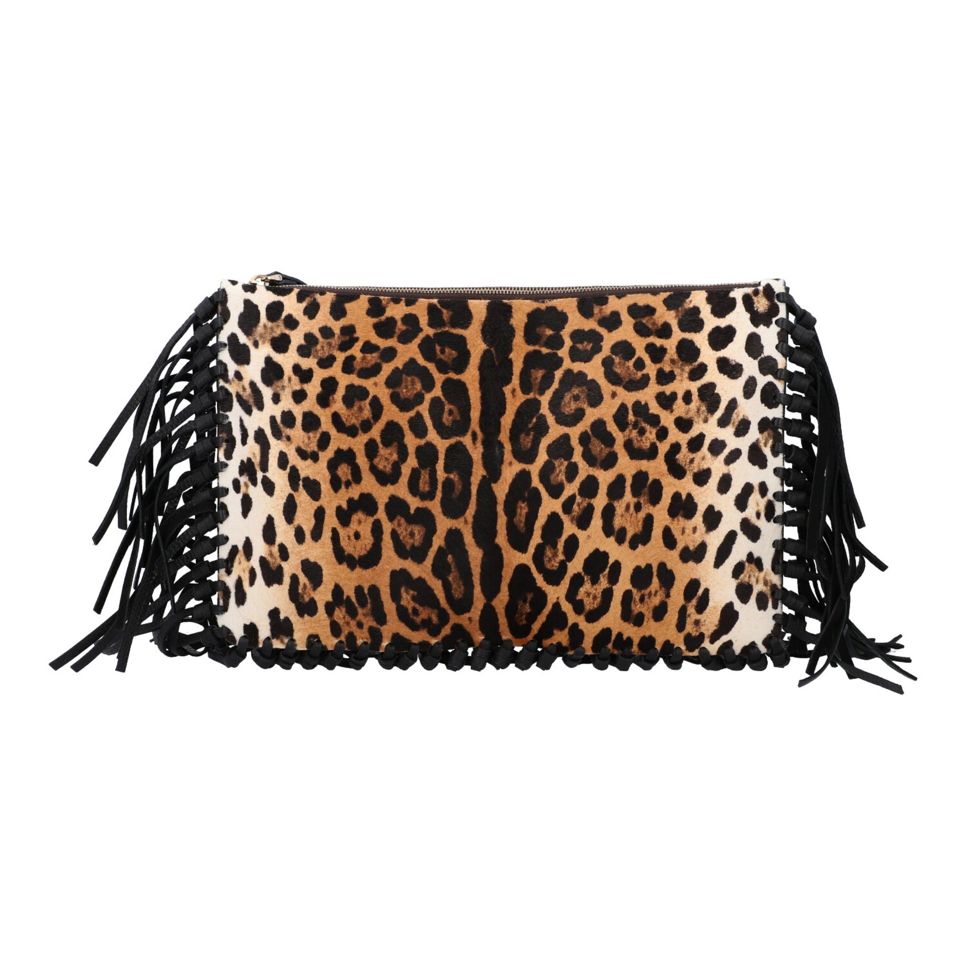 VALENTINO Clutch. Fell im Leoparden-Design mit Fransendetail an den Kanten aus schwarz - Image 4 of 8