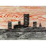 Tony Hart (British, 1925-2009). Skyline, crayon rubbing on paper. Unsigned. Stuck to card and