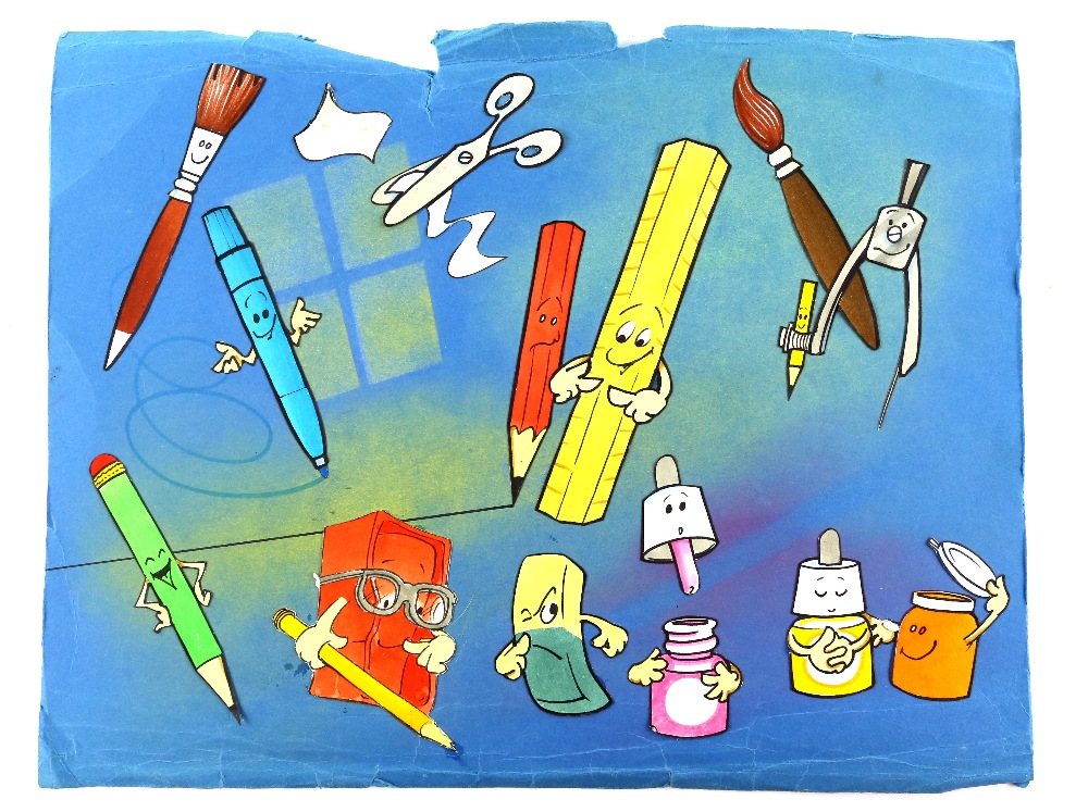 Tony Hart (British, 1925-2009). 'Artbox Bunch'. Artist's stationary and tools with faces. Pen and - Image 2 of 4