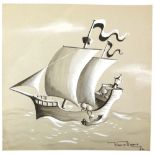 § Tony Hart (British, 1925-2009). Eggs helping another egg onto a ship from a small boat, ink and