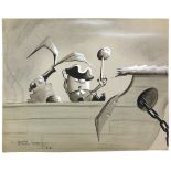 § Tony Hart (British, 1925-2009). Egg pirate with coconut on his sword next to fired cannon, ink and