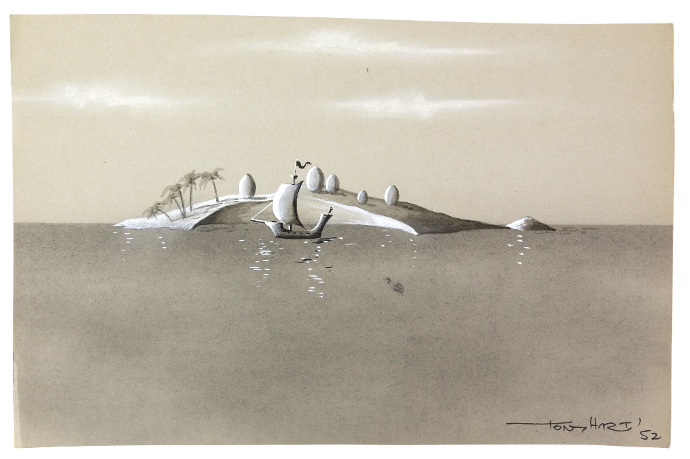 § Tony Hart (British, 1925-2009). Ship off egg island, ink and watercolour on paper. Signed Tony