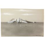 § Tony Hart (British, 1925-2009). Ship off egg island, ink and watercolour on paper. Signed Tony