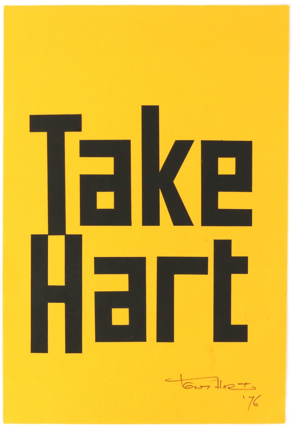 Tony Hart (British, 1925-2009). 'Take Hart'. Cut out card, lettering stuck on card. 1976. Signed and