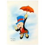 Tony Hart (British, 1925-2009). 'After Walt Disney', Jiminy Cricket floating down on an umbrella.