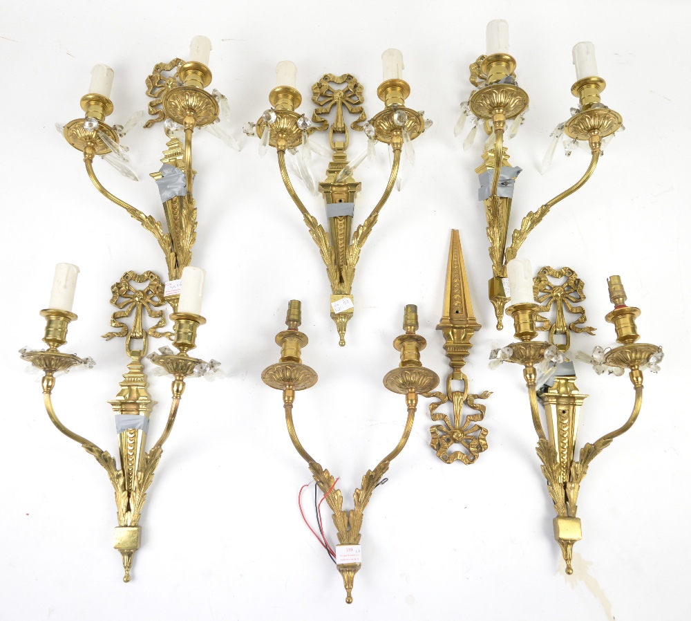 Set of six gilt metal two-branch wall sconces with glass drops (6) - Image 2 of 2